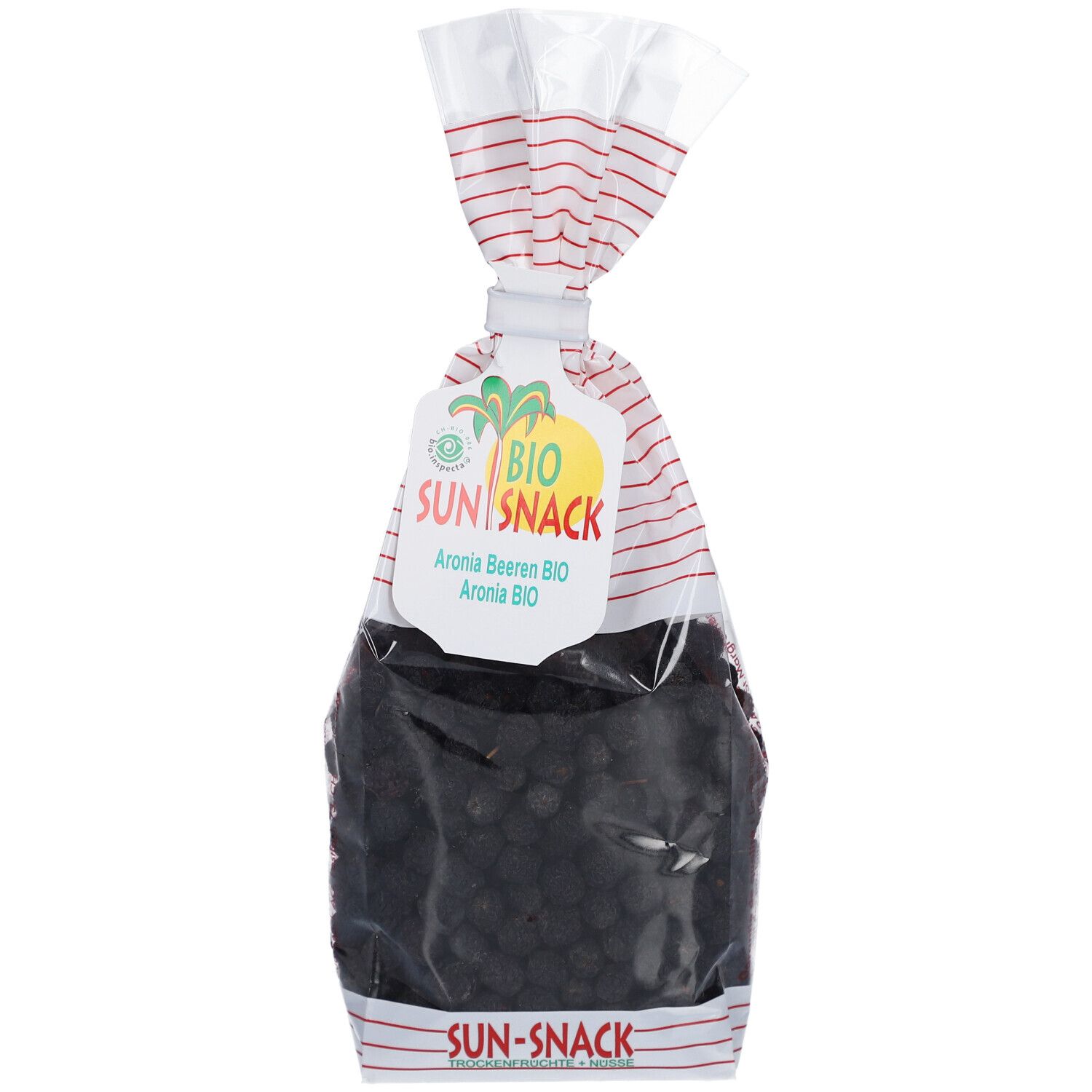 Klare Tüte mit Aronia-Beeren. Aufdruck: BIO SUN SNACK, Bio Aronia-Beeren. Siegel.
