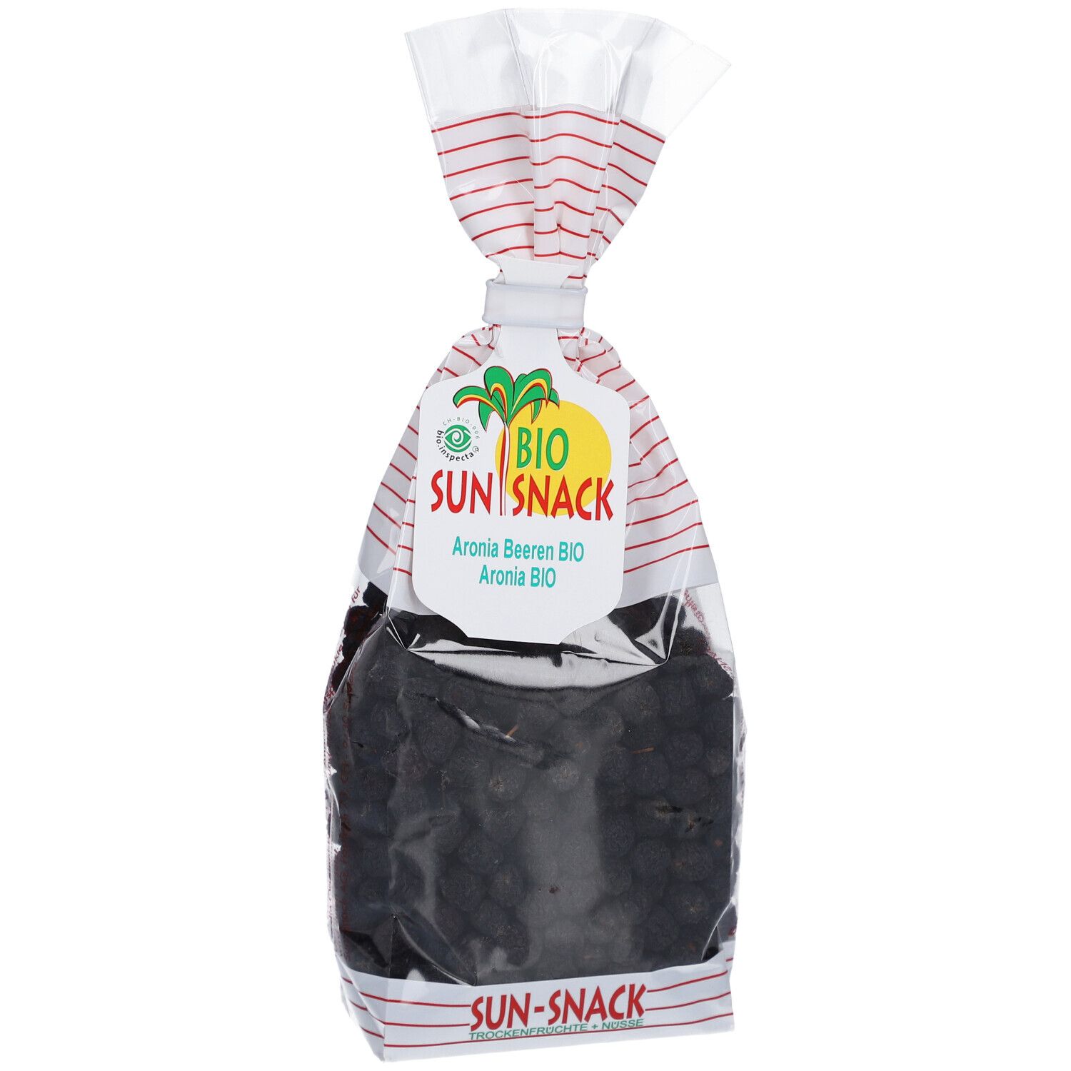 Klare Tüte mit Aronia-Beeren. Aufdruck: BIO SUN SNACK, Bio Aronia-Beeren. Siegel.