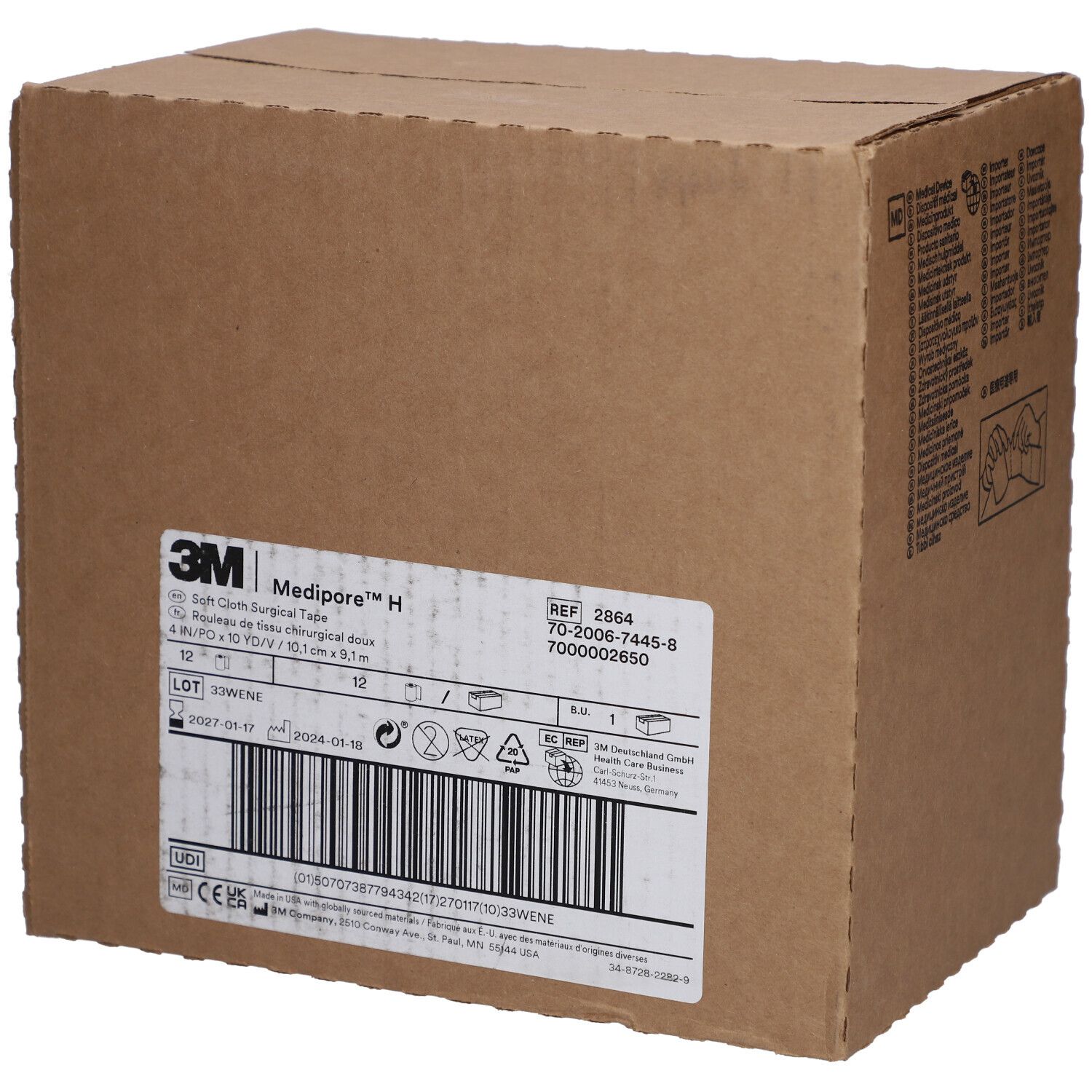 Boîte en carton avec étiquette. L'étiquette indique "3M Medipore H".