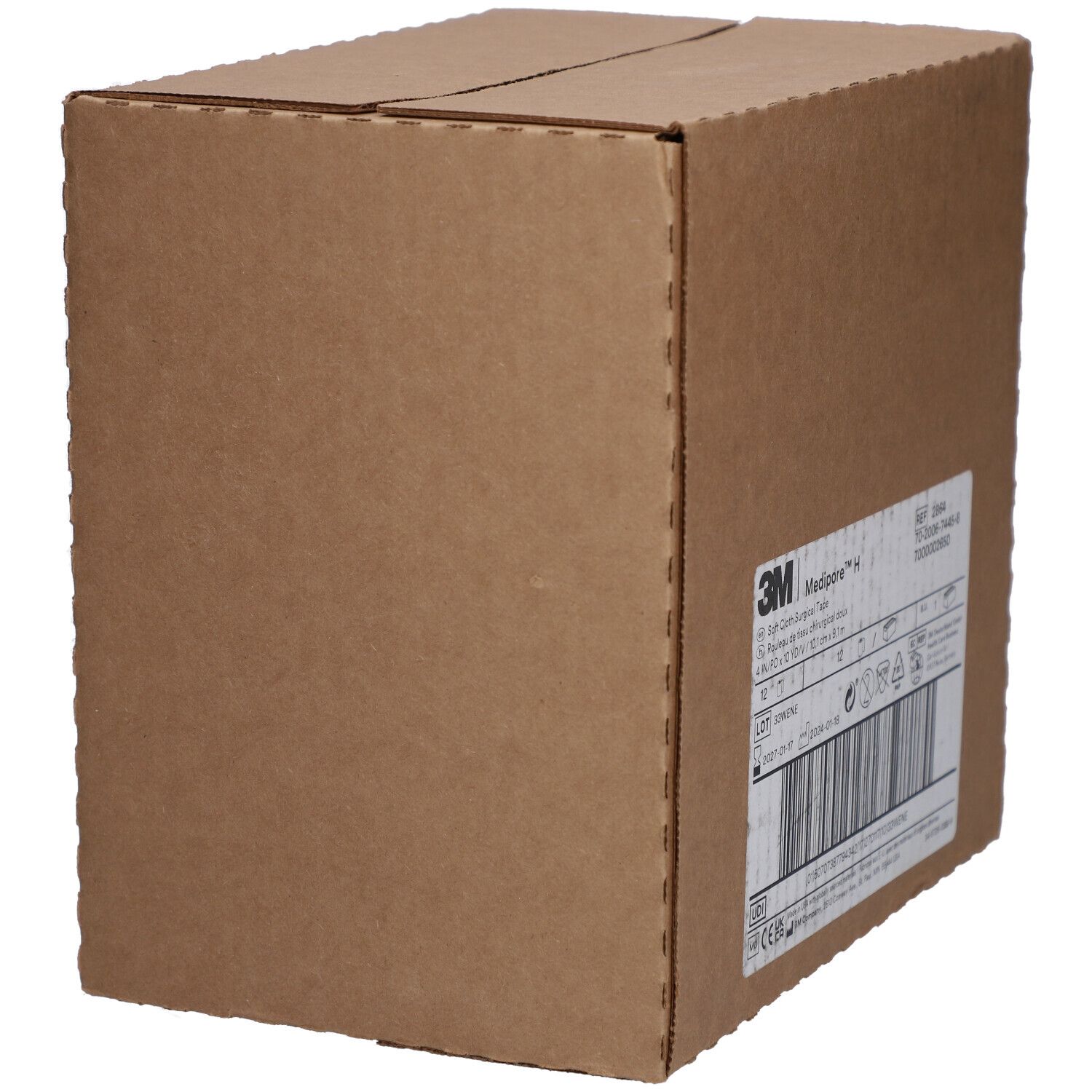 Boîte en carton avec étiquette. L'étiquette indique "3M Medipore H".