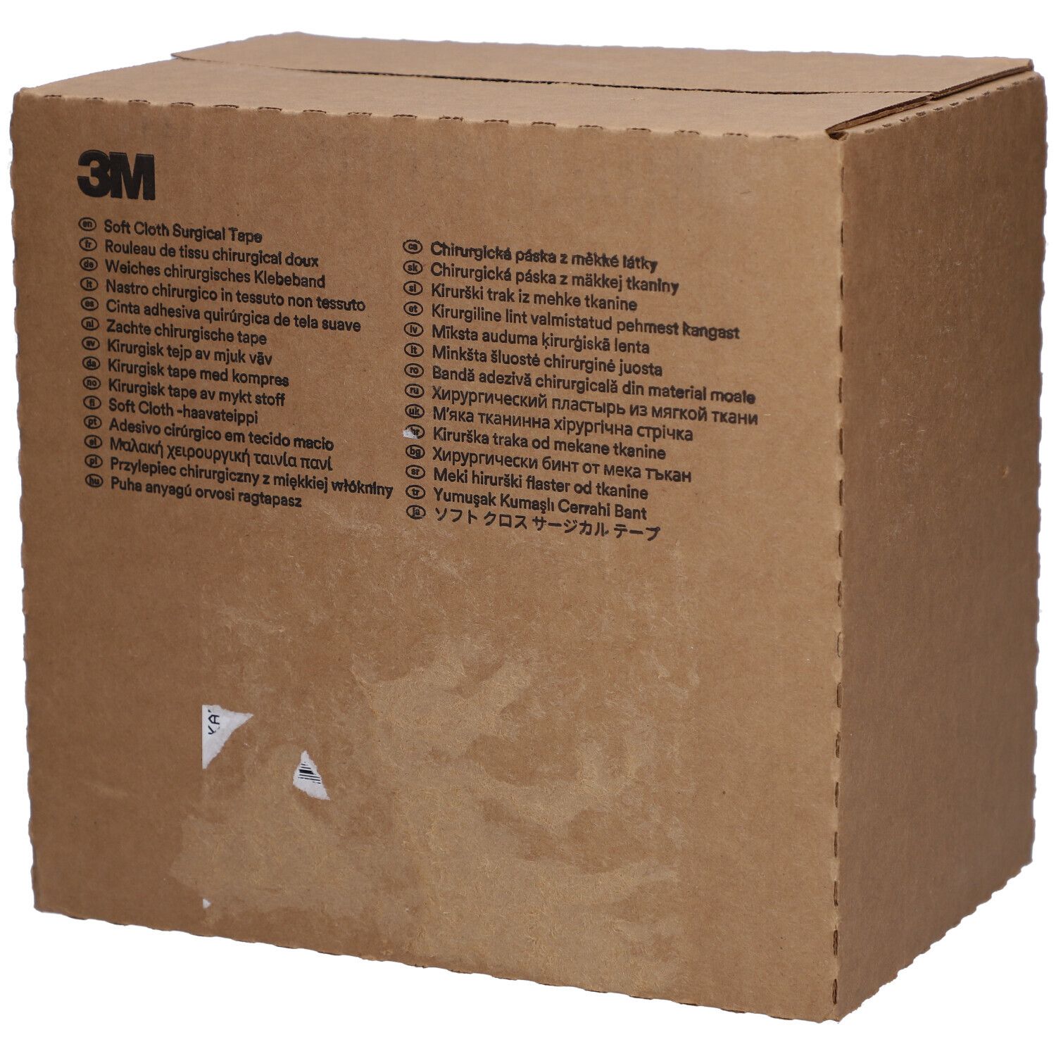 Boîte en carton marron avec texte. La boîte indique "3M Soft Cloth Surgical Tape".