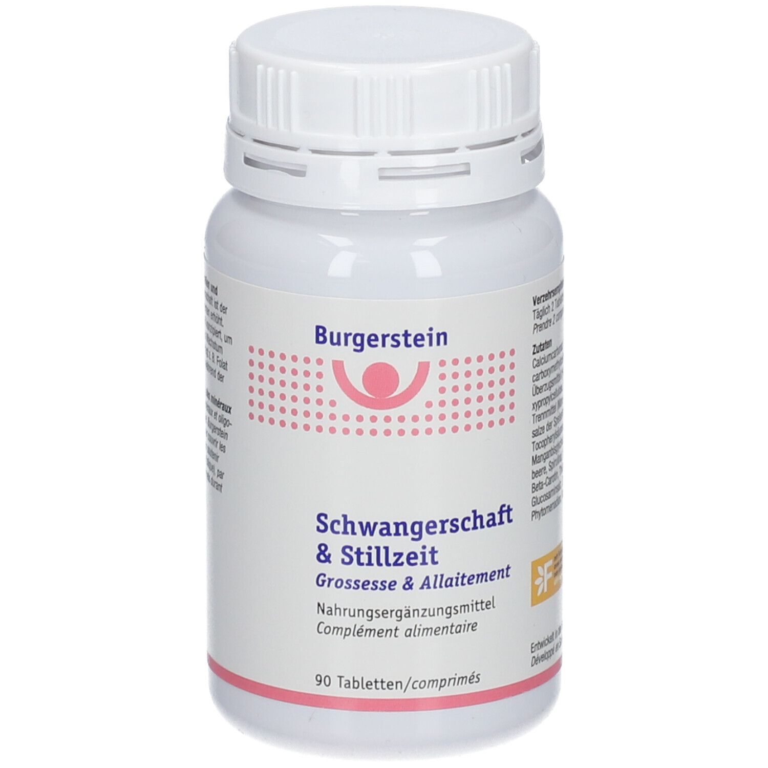 Weiße Flasche mit Schraubverschluss. Aufschrift: Burgerstein, Schwangerschaft & Stillzeit. 90 Tabletten.