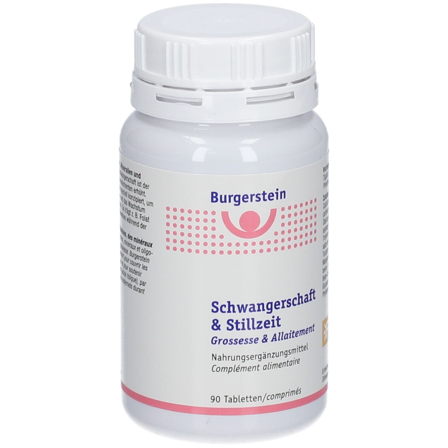 Weiße Flasche mit Schraubverschluss. Aufschrift: Burgerstein, Schwangerschaft & Stillzeit. 90 Tabletten.