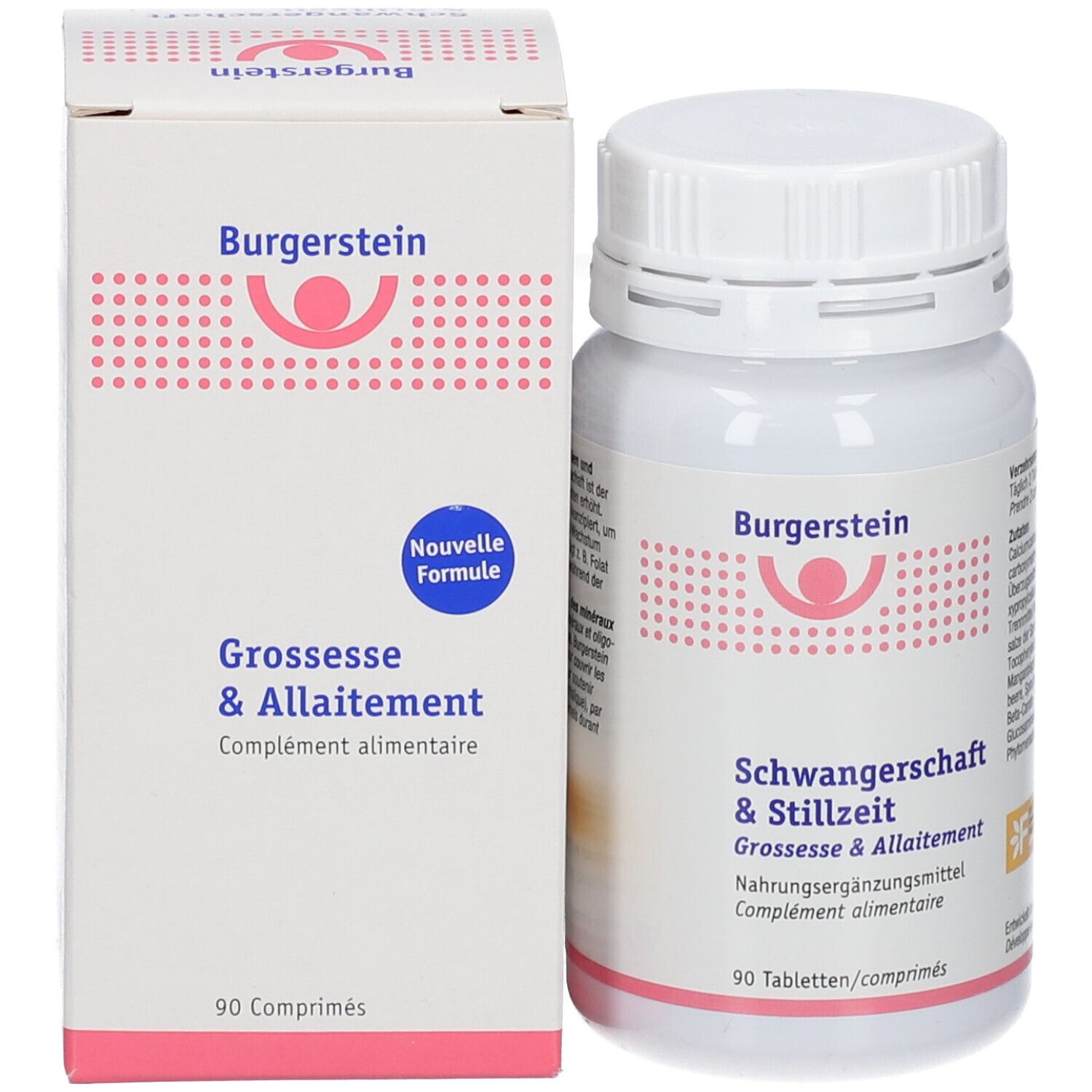 Weiße Flasche und Schachtel. Aufschrift: Burgerstein, Schwangerschaft & Stillzeit. 90 Tabletten.