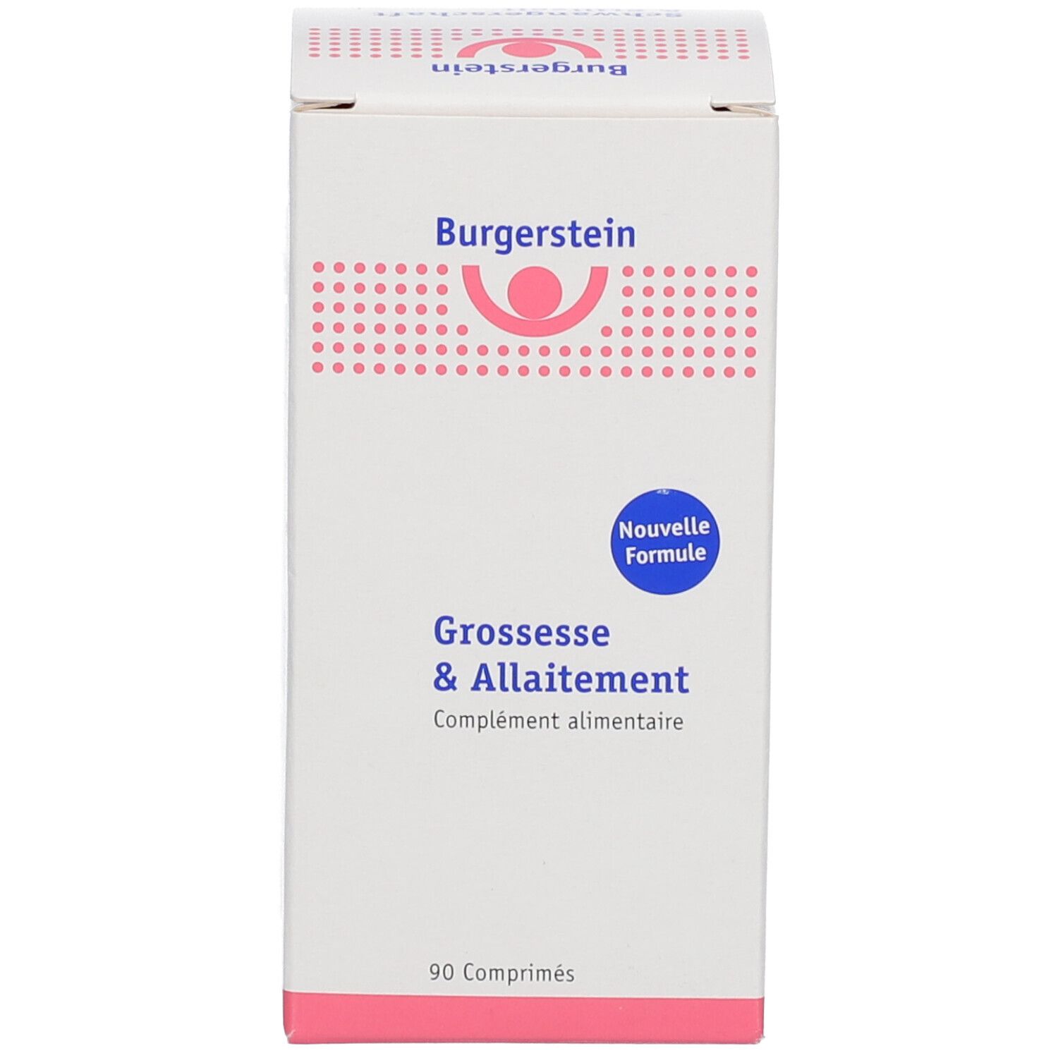 Weiße Schachtel. Aufschrift: Burgerstein, Grossesse & Allaitement. 90 Tabletten. Logo: Neue Formel.