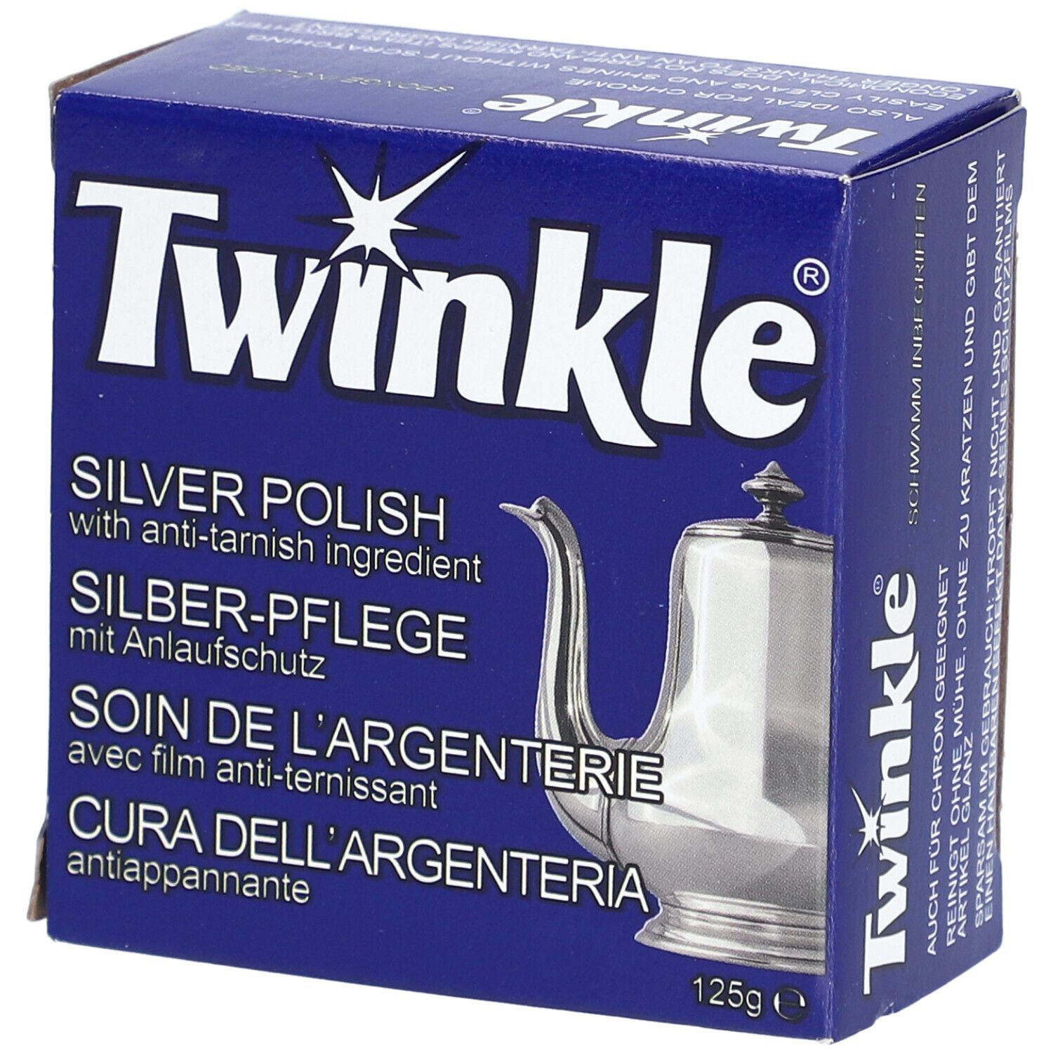 Boîte bleue et blanche Twinkle. Inscription : Silver Polish, Silber-Pflege, Soin de l'argenterie, Cura dell'argenteria. Image d'une cafetière.