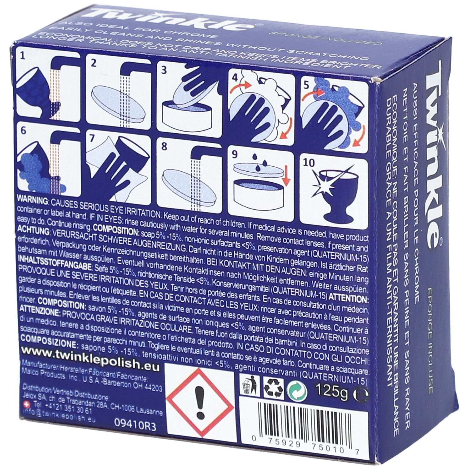 Boîte bleue avec logo Twinkle et texte. Dos avec instructions et avertissements. Contient 125g. Symbole de danger.