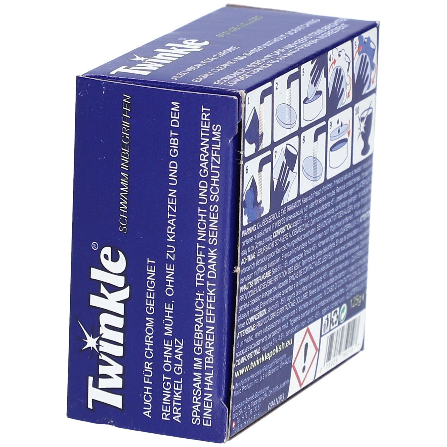 Boîte bleue avec logo Twinkle et texte. Dos avec instructions et avertissements. Contient 125g. Symbole de danger.