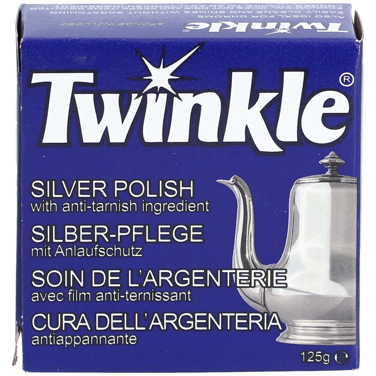 Boîte bleue avec logo Twinkle et texte. Inscription : Silver Polish, Silber-Pflege, Soin de l'argenterie, Cura dell'argenteria. Image d'une cafetière. 125g.