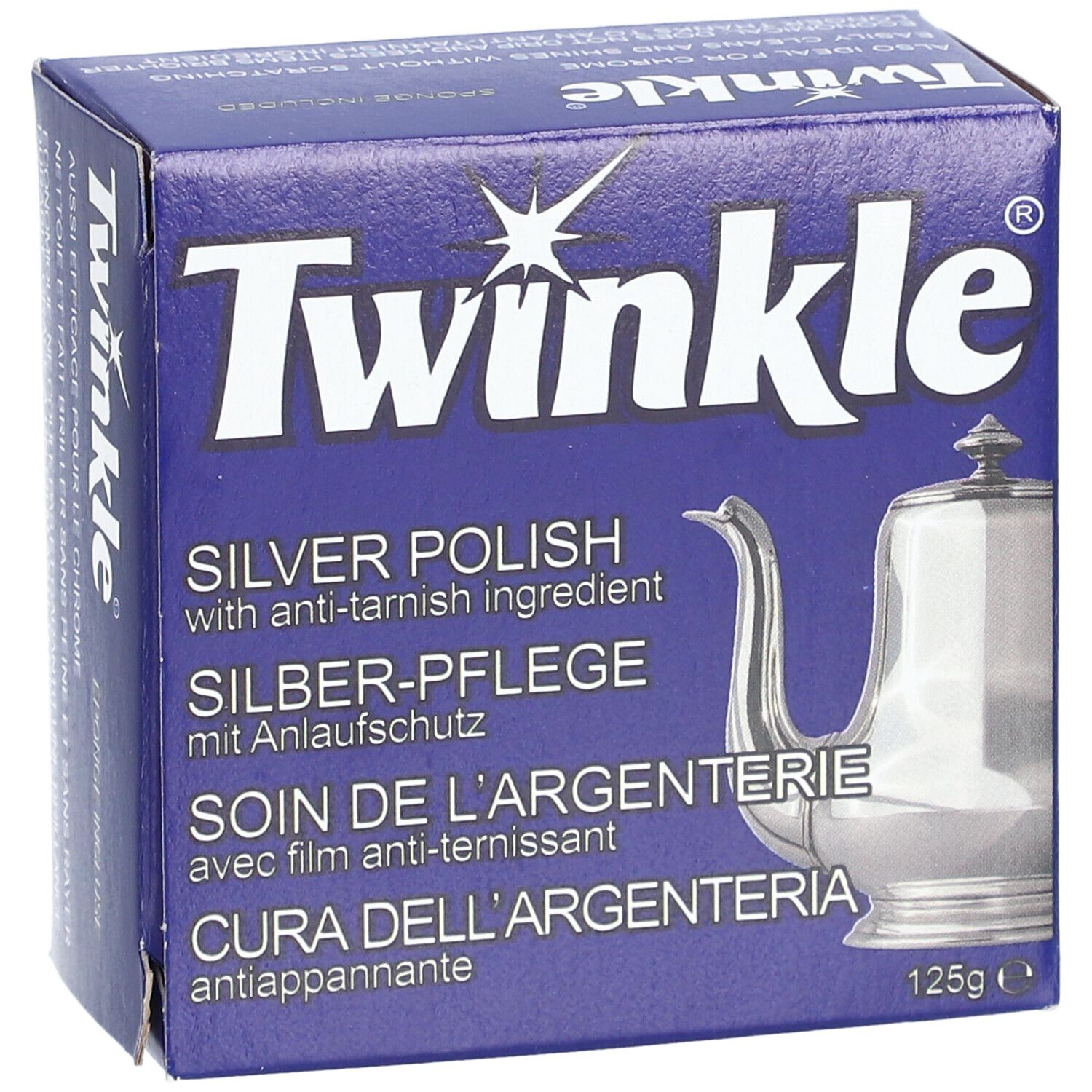 Boîte bleue avec logo Twinkle et texte. Inscription : Silver Polish, Silber-Pflege, Soin de l'argenterie, Cura dell'argenteria. Image d'une cafetière. 125g.