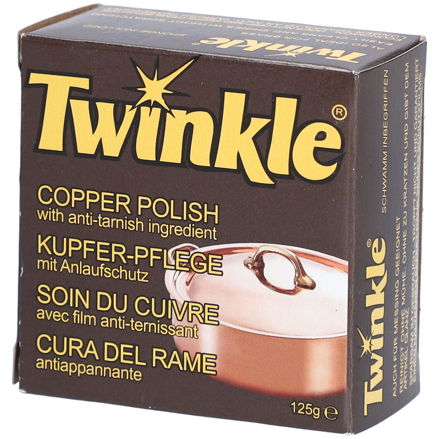 Braune Schachtel mit Produktnamen Twinkle und Kupferpolitur-Informationen. 125g. Abbildung eines Kupfertopfes.