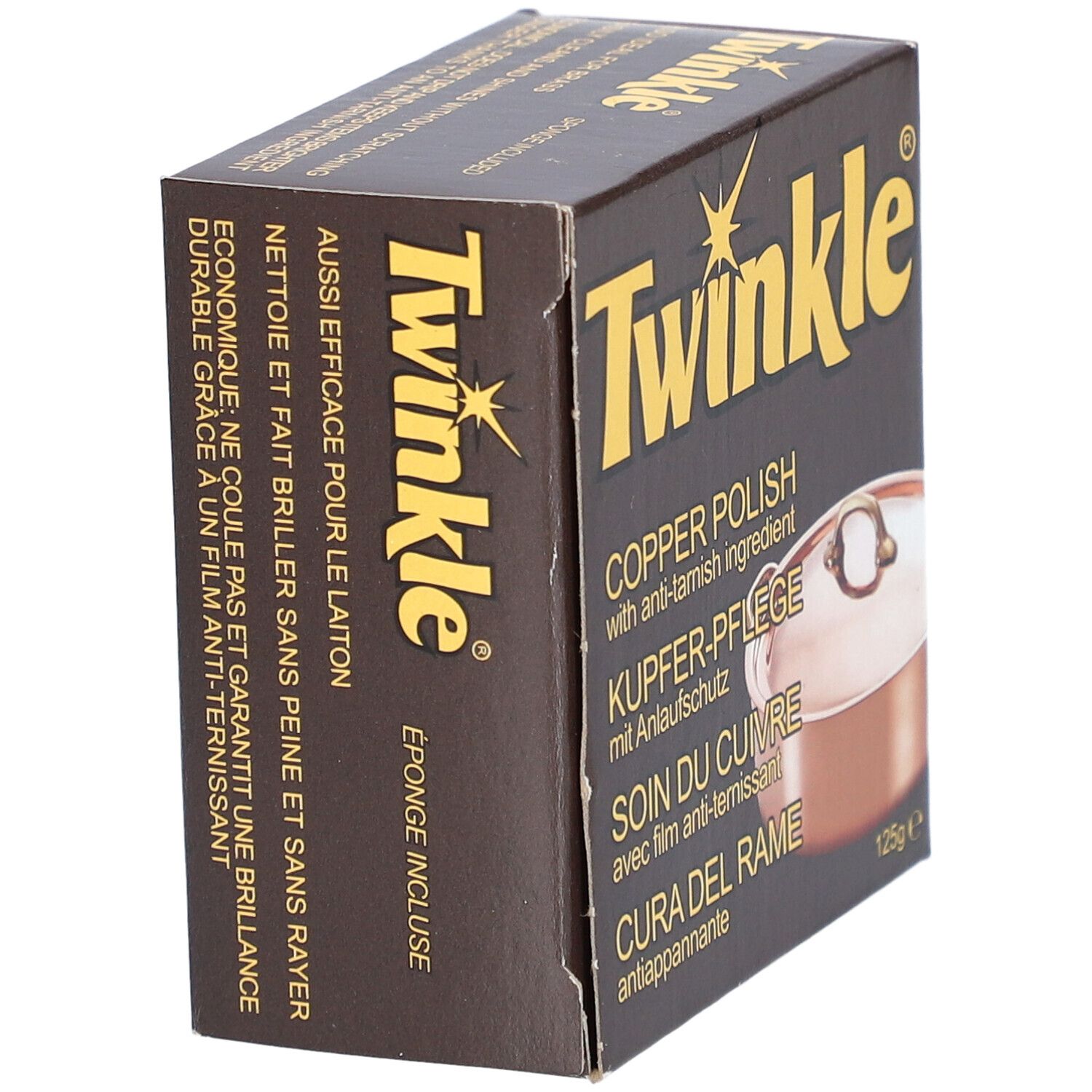 Braune Schachtel mit Produktnamen Twinkle. Text: Kupferpolitur, Kupfer-Pflege, Soin du cuivre, Cura del rame. Schwamm inklusive.