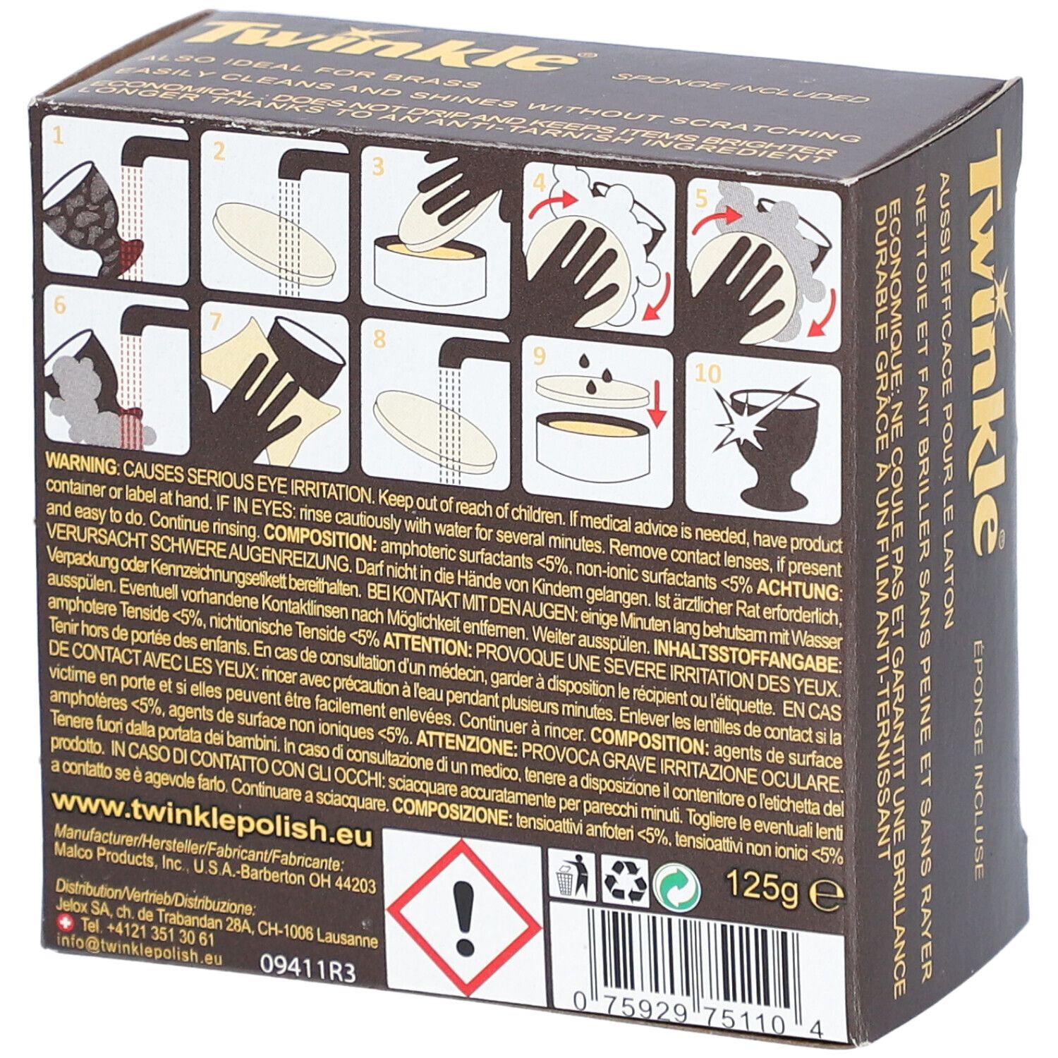 Rückseite der braunen Schachtel mit Twinkle. Anweisungen zur Anwendung, Warnhinweise, Inhaltsstoffe. 125g. Gefahrensymbol.