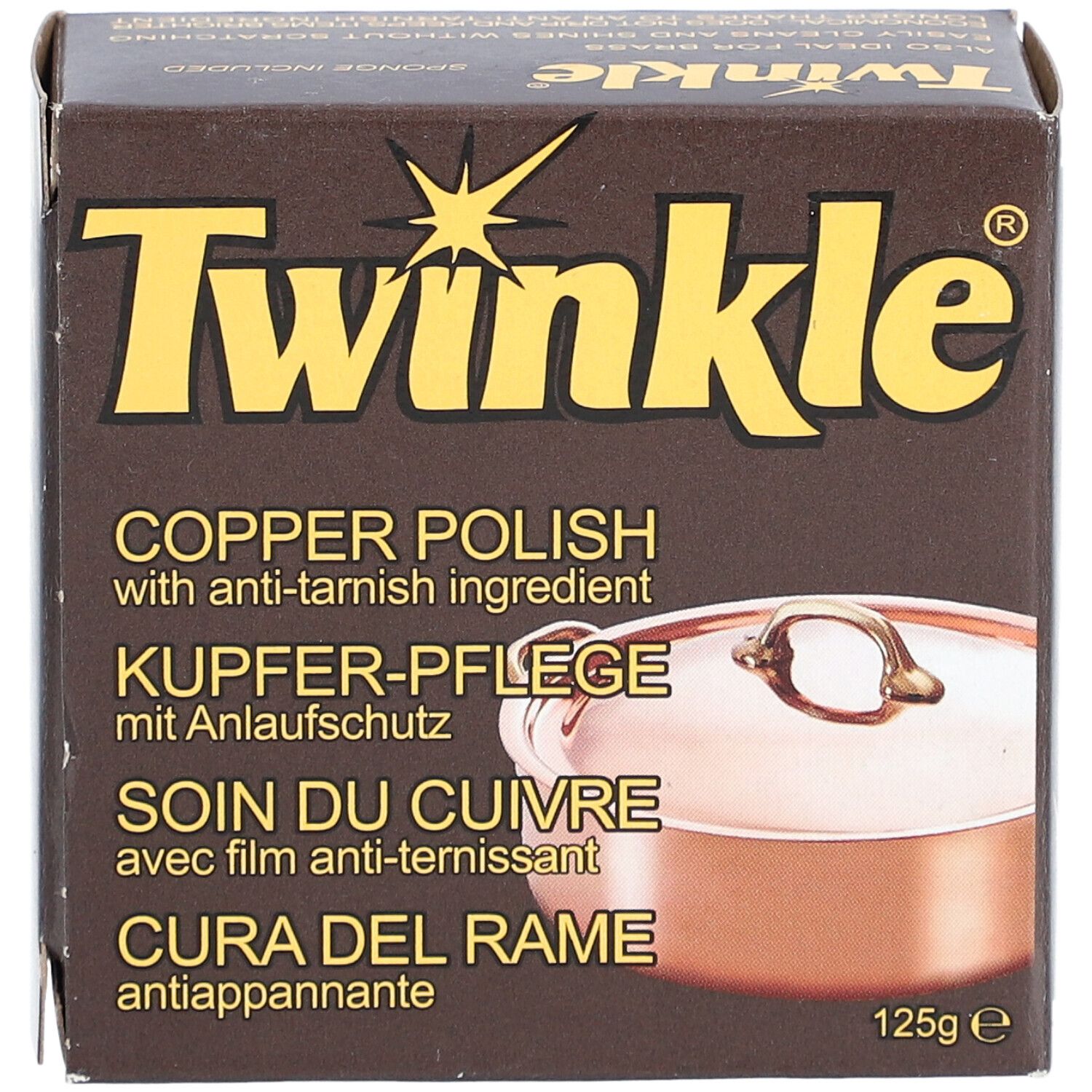 Braune Schachtel mit Twinkle und Kupferpolitur-Informationen. 125g. Abbildung eines Kupfertopfes.