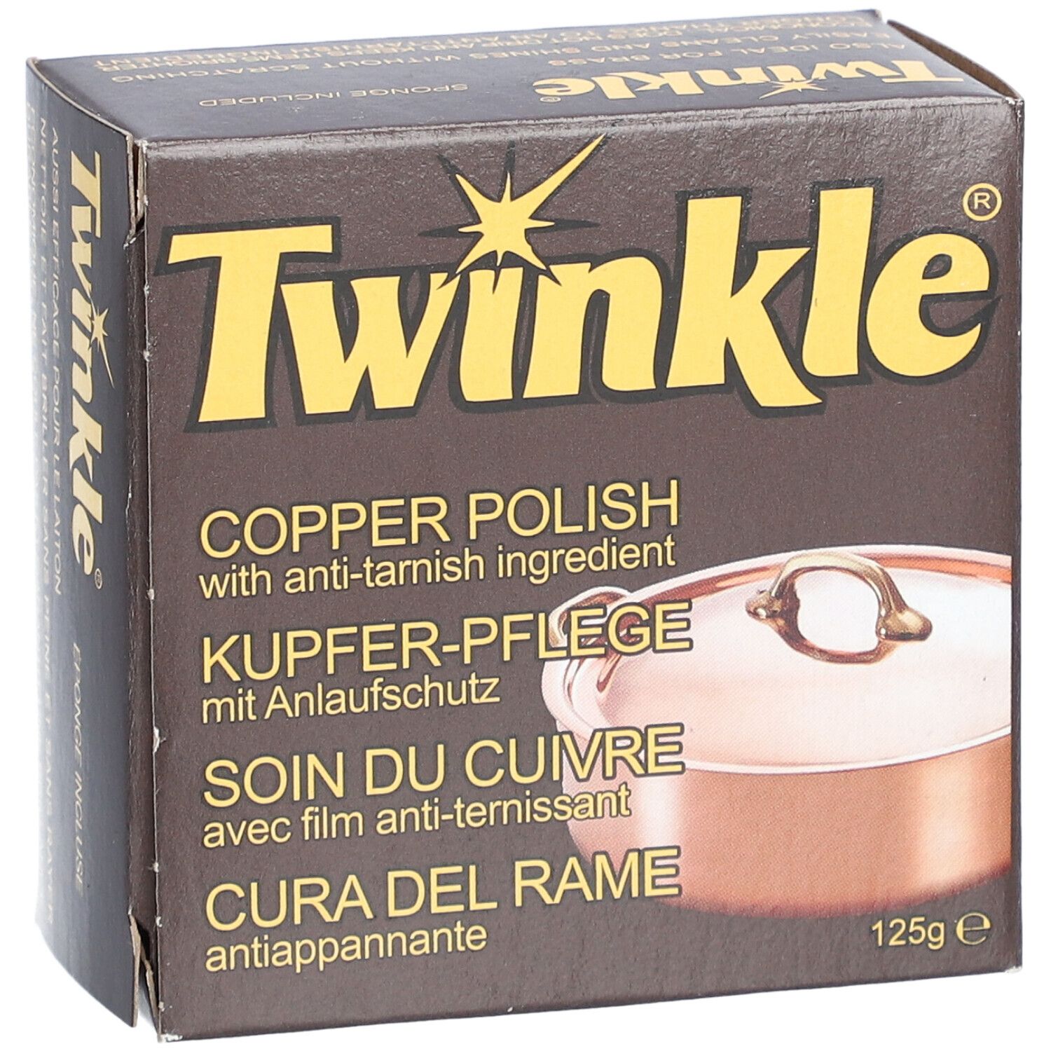 Braune Schachtel mit Twinkle und Kupferpolitur-Informationen. 125g. Abbildung eines Kupfertopfes.