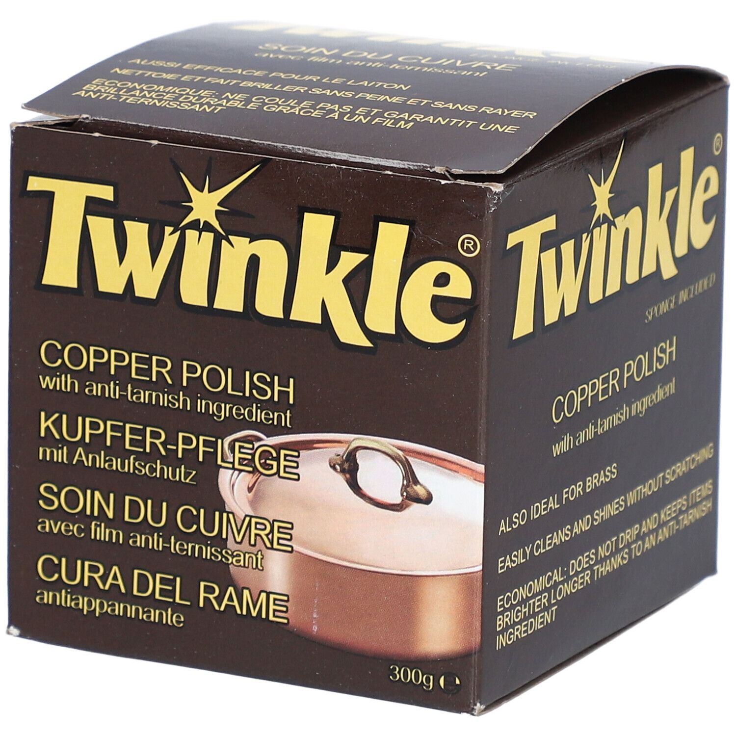 TWINKLE® Kupfer-Pflege mit Anlaufschutz. Braune Verpackung mit Produktnamen und Abbildung eines Kupfertopfes. 300g.