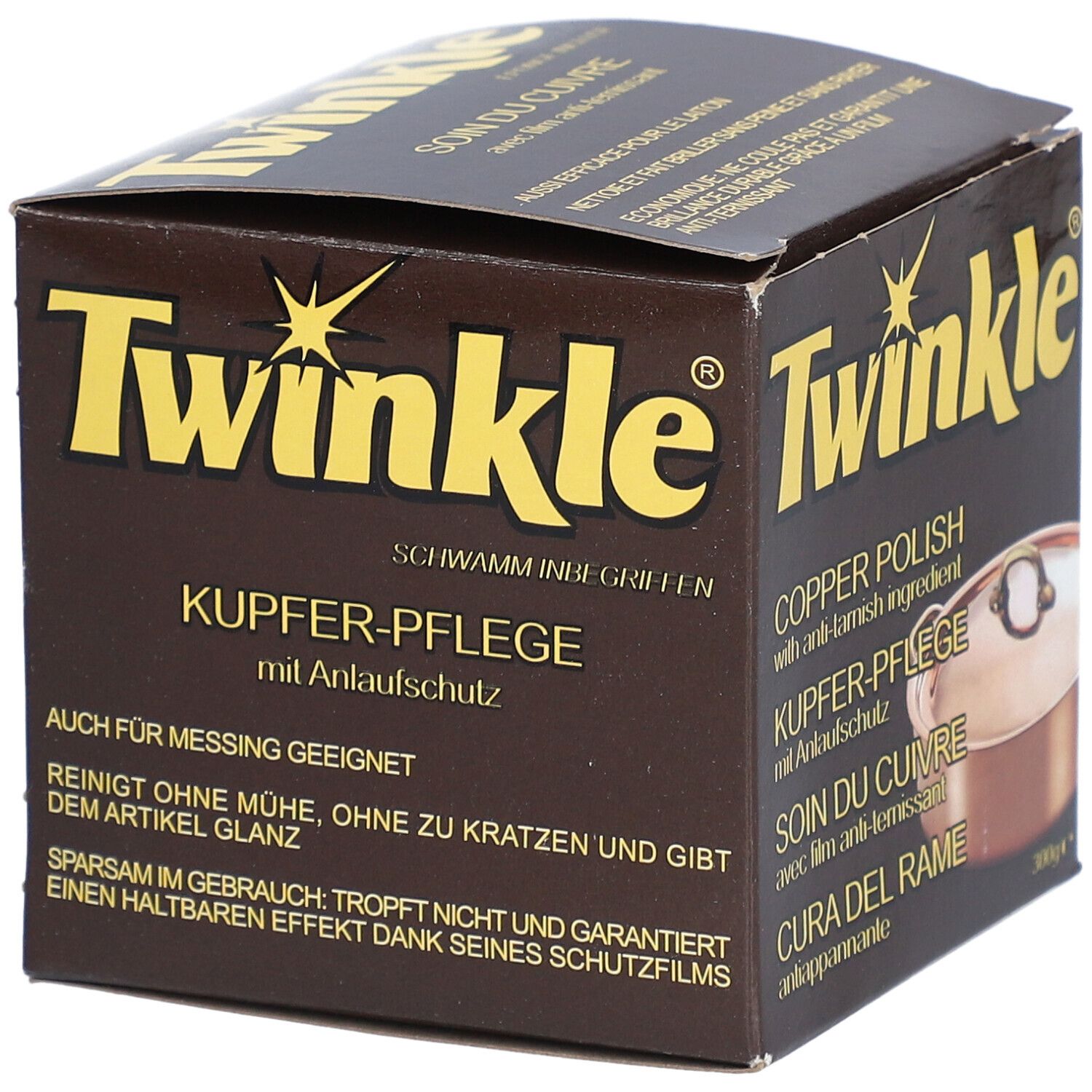 TWINKLE® Kupfer-Pflege mit Anlaufschutz. Braune Verpackung mit Produktnamen. Auch für Messing geeignet. 300g.