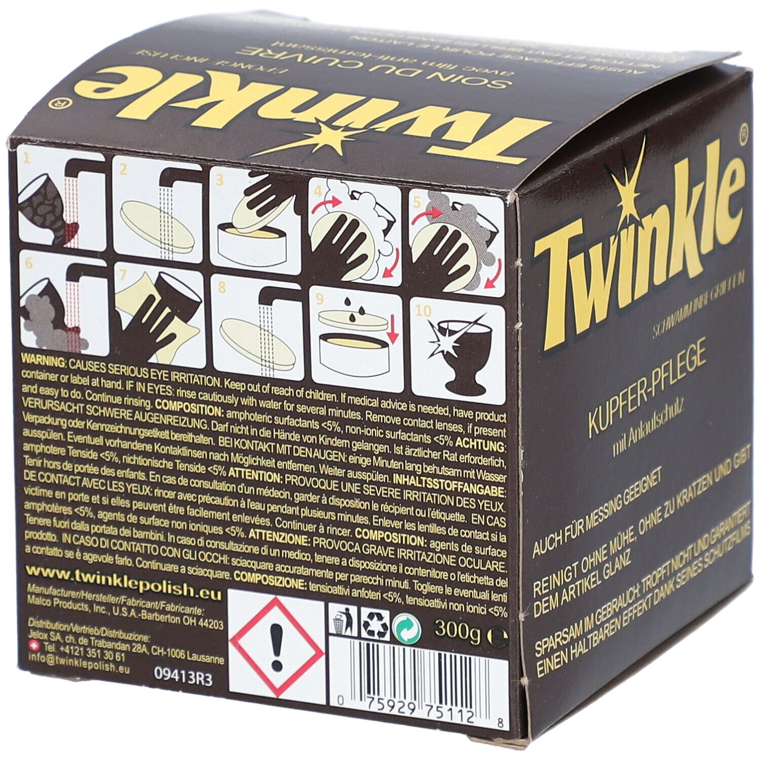 TWINKLE® Kupfer-Pflege. Rückseite der Verpackung mit Warnhinweisen und Gebrauchsanweisung. 300g. Gefahrensymbol.
