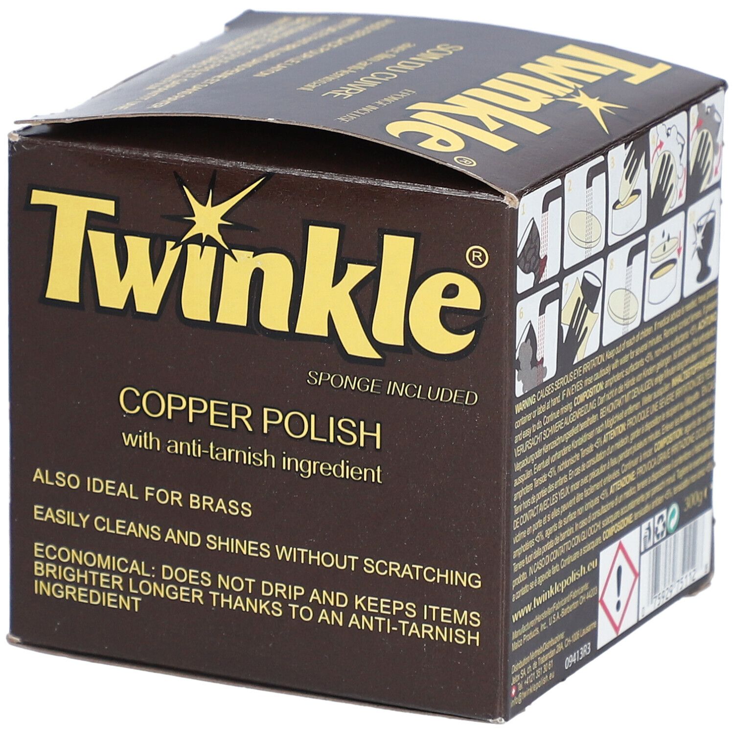 TWINKLE® Kupfer-Pflege mit Anlaufschutz. Braune Verpackung mit Produktnamen. Schwamm enthalten. Auch für Messing geeignet.