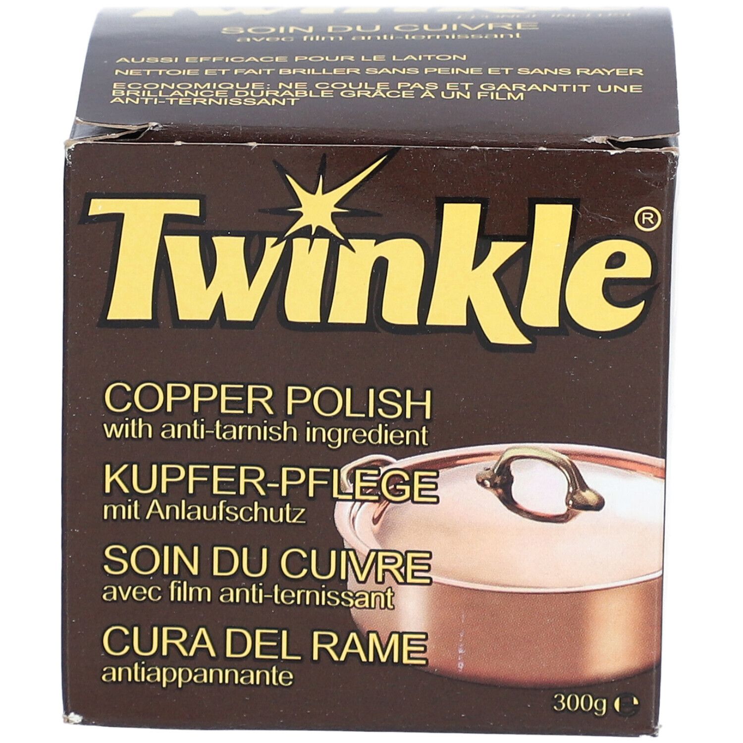 TWINKLE® Kupfer-Pflege mit Anlaufschutz. Braune Verpackung mit Produktnamen und Abbildung eines Kupfertopfes. 300g.
