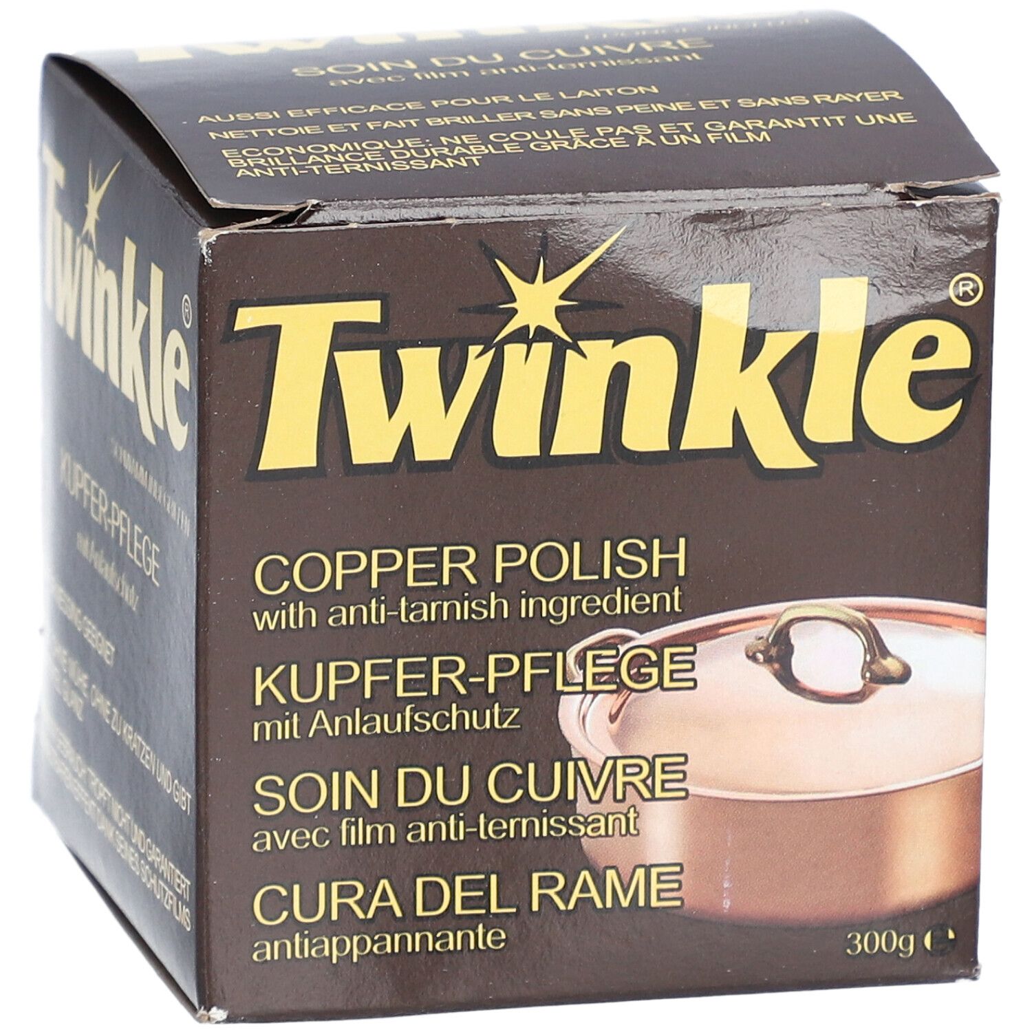 TWINKLE® Kupfer-Pflege mit Anlaufschutz. Braune Verpackung mit Produktnamen und Abbildung eines Kupfertopfes. 300g.