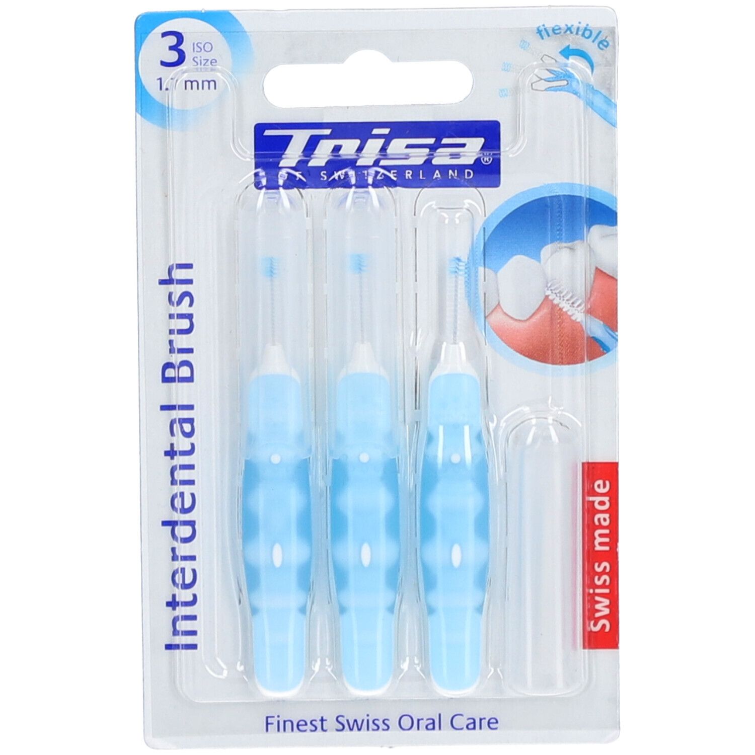 Blisterpackung mit drei blauen Interdentalbürsten. ISO 3, 1,1 mm. Marke Trisa, Swiss made.