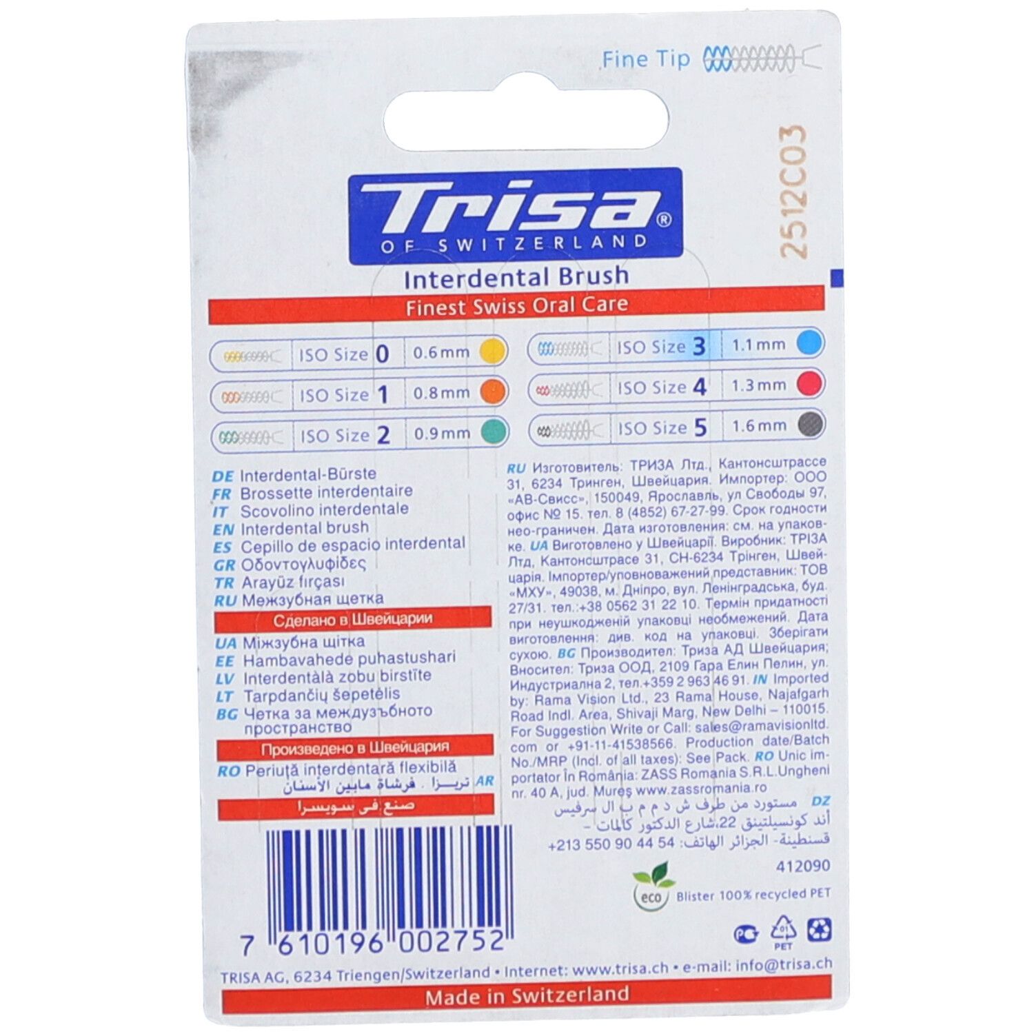Rückseite der Verpackung mit Produktinformationen. Farbcodierung für Größen. Marke Trisa, Swiss made.