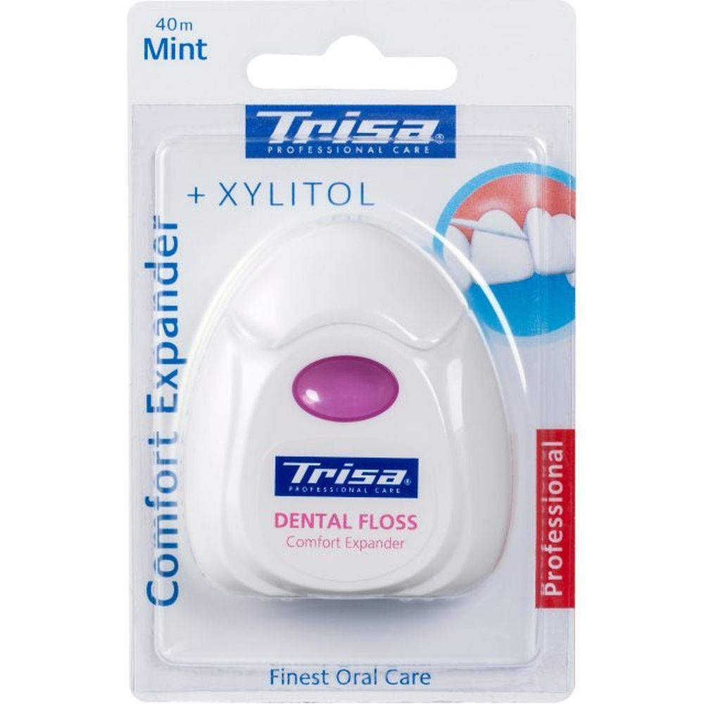 Trisa Dental Floss, weiße Spenderbox mit rosa Knopf. Aufschrift: + Xylitol, Comfort Expander, Finest Oral Care.