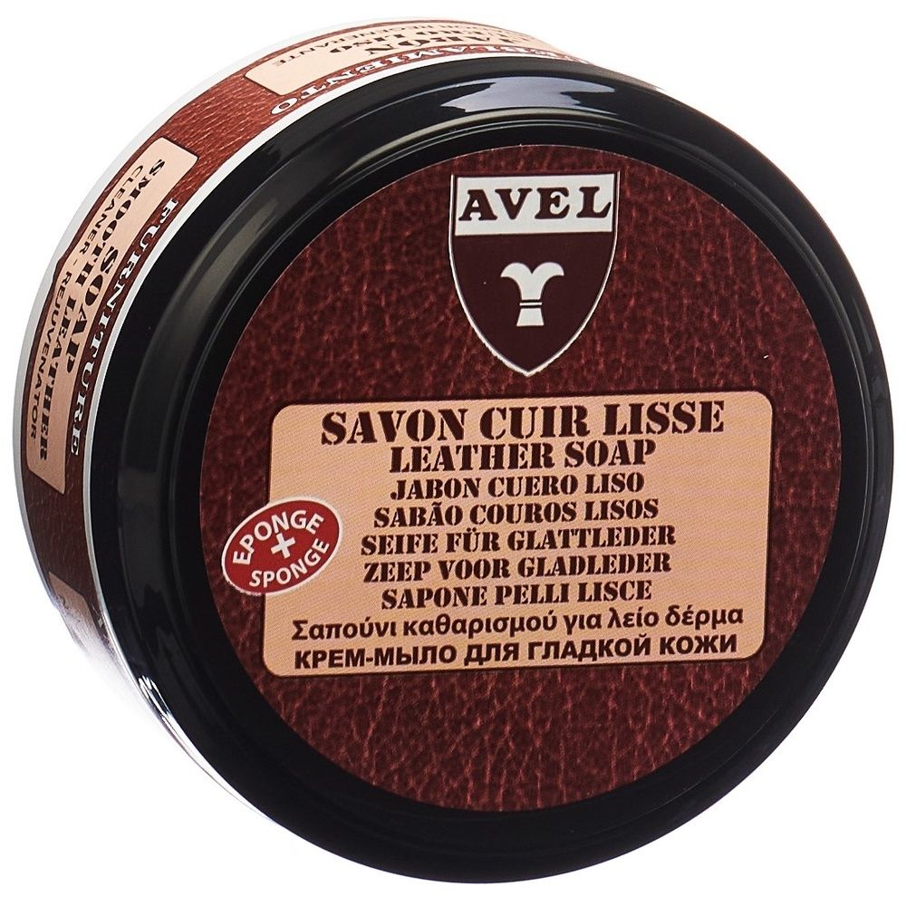 Ronde pot met bruin deksel. Opschrift SAVON CUIR LISSE, LEATHER SOAP. Merk AVEL. Spons-symbool.
