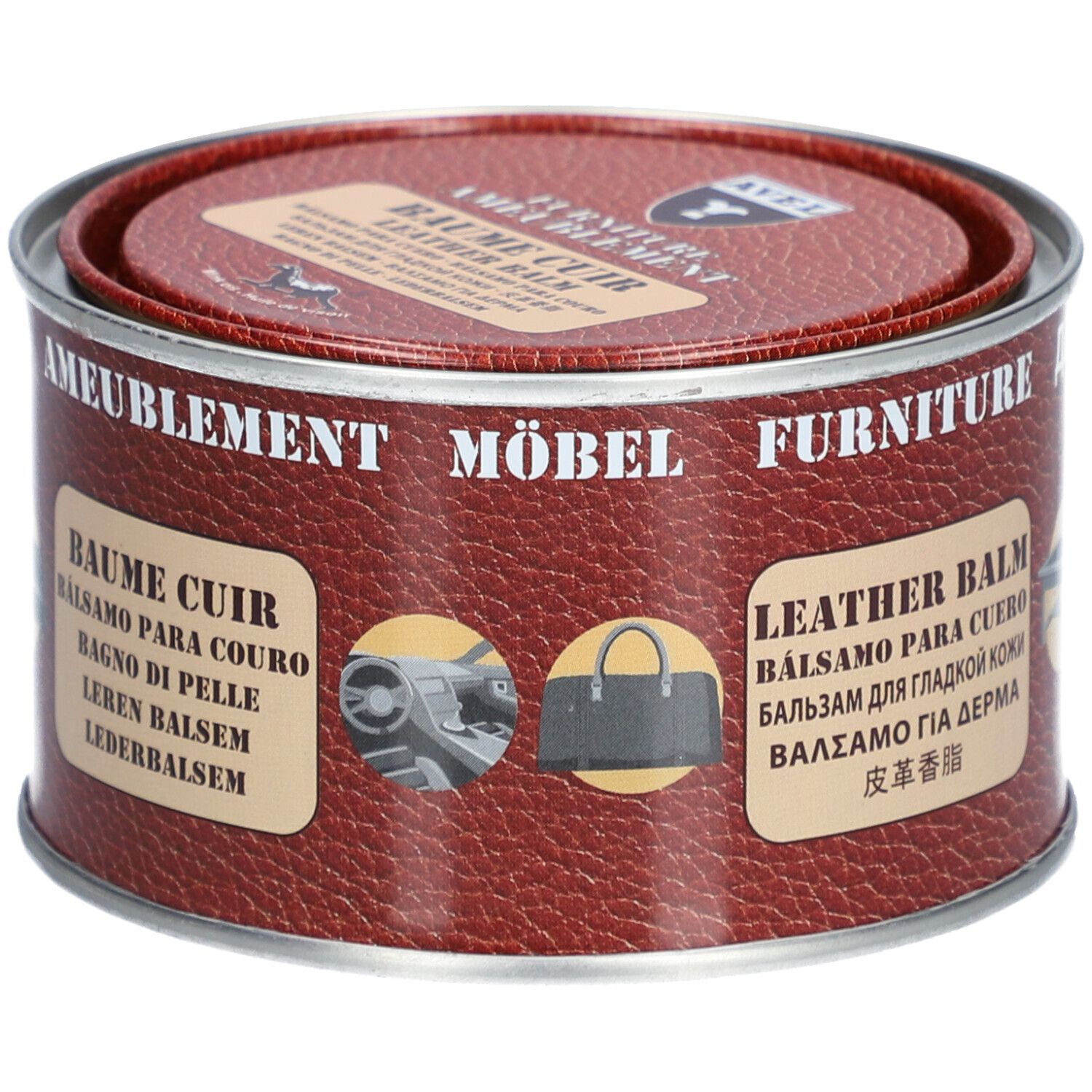 Runde Dose mit Deckel. Aufschrift: BAUME CUIR, LEATHER BALM. Abbildungen von Lederwaren.