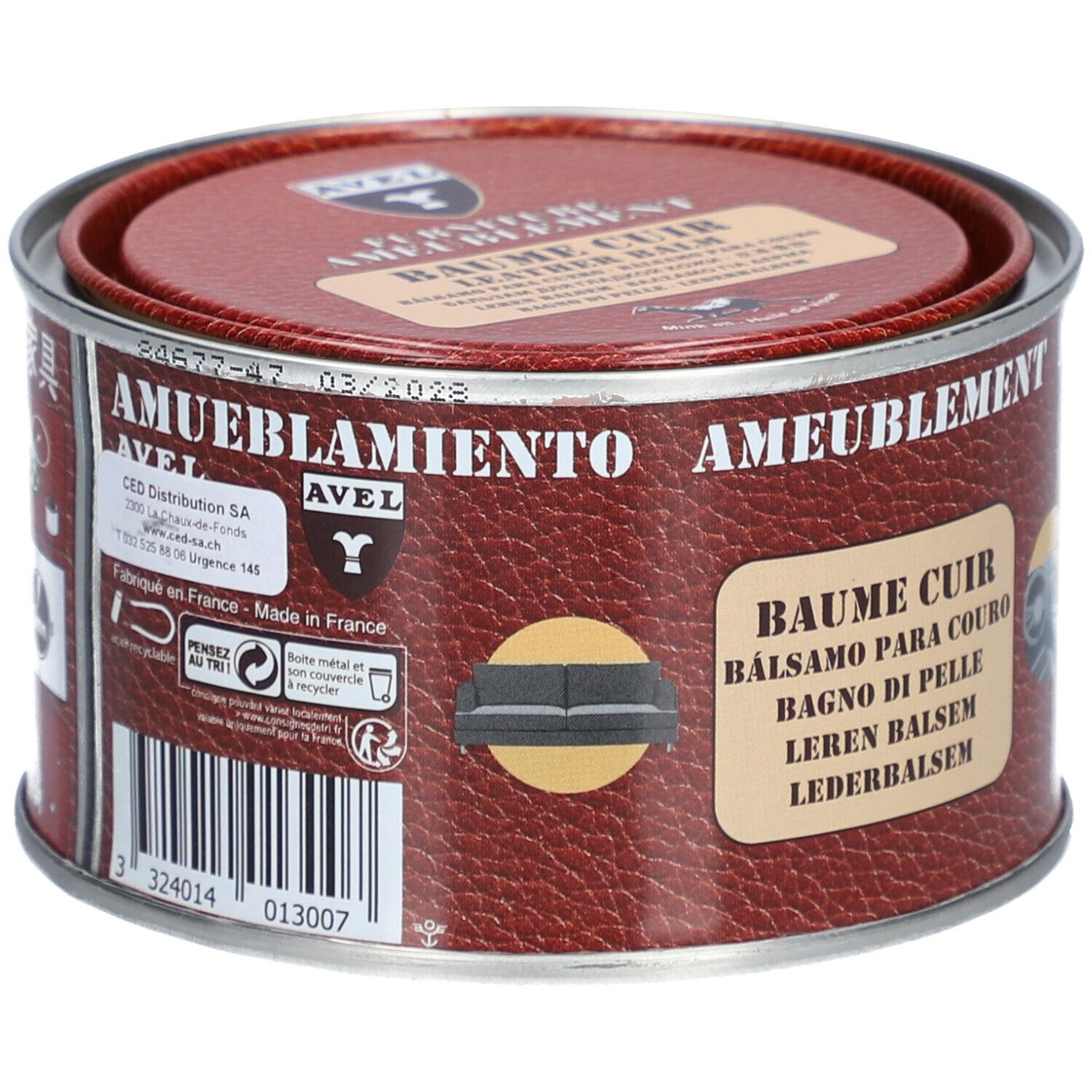 Dose mit Deckel. Aufschrift: AVEL, BAUME CUIR. Barcode und Informationen zur Herstellung.