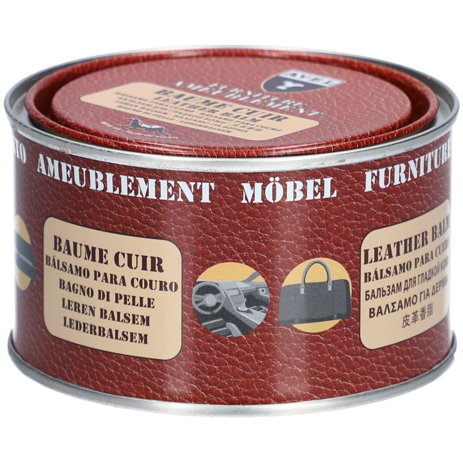 Runde Dose mit Deckel. Aufschrift: BAUME CUIR, LEATHER BALM. Abbildungen von Lederwaren.
