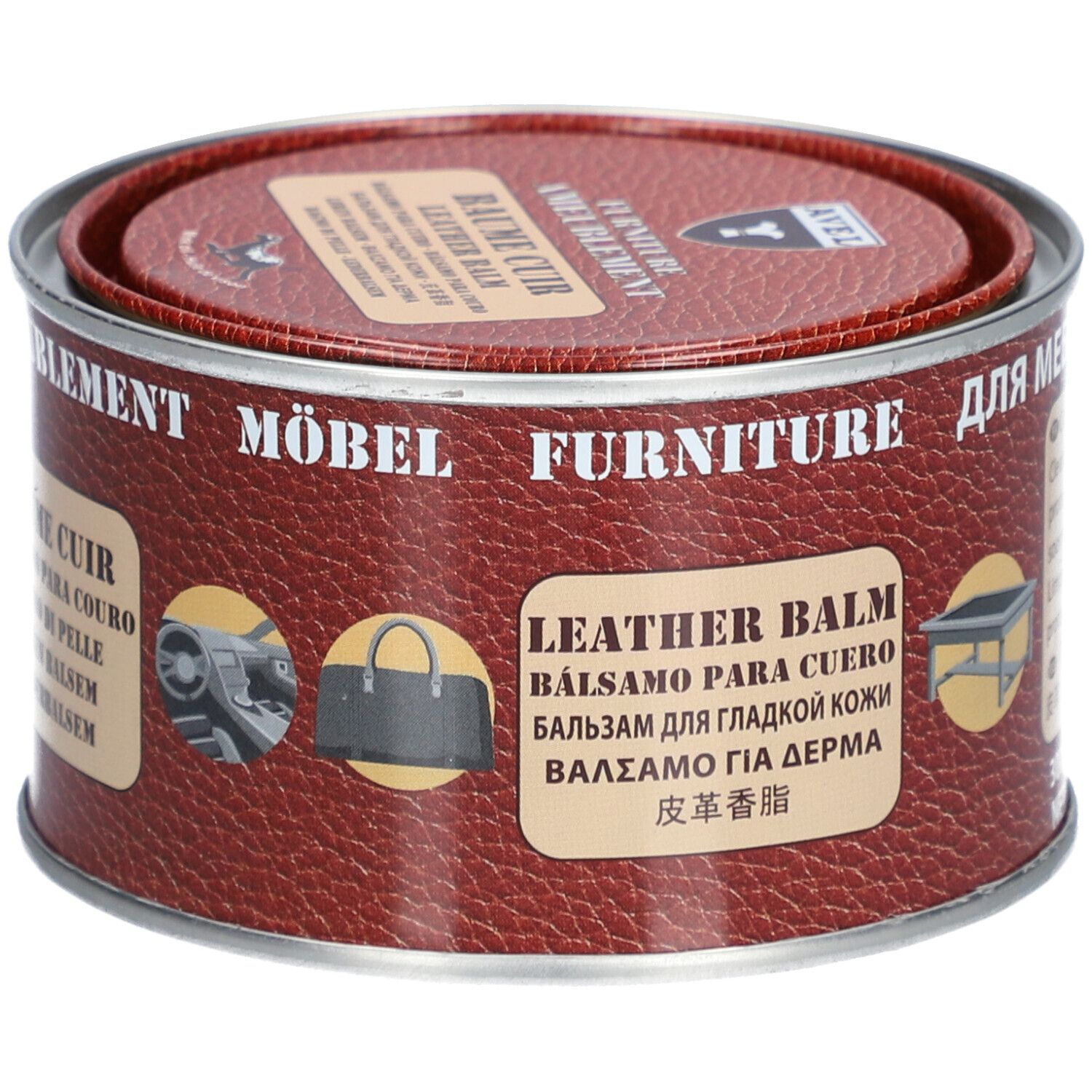 Runde Dose mit Deckel. Aufschrift: BAUME CUIR, LEATHER BALM. Abbildungen von Lederwaren.