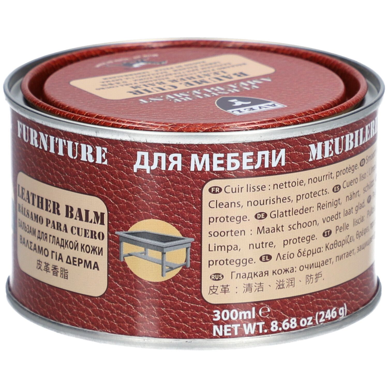 Dose mit Deckel. Aufschrift: LEATHER BALM, für Möbel. Informationen in mehreren Sprachen.