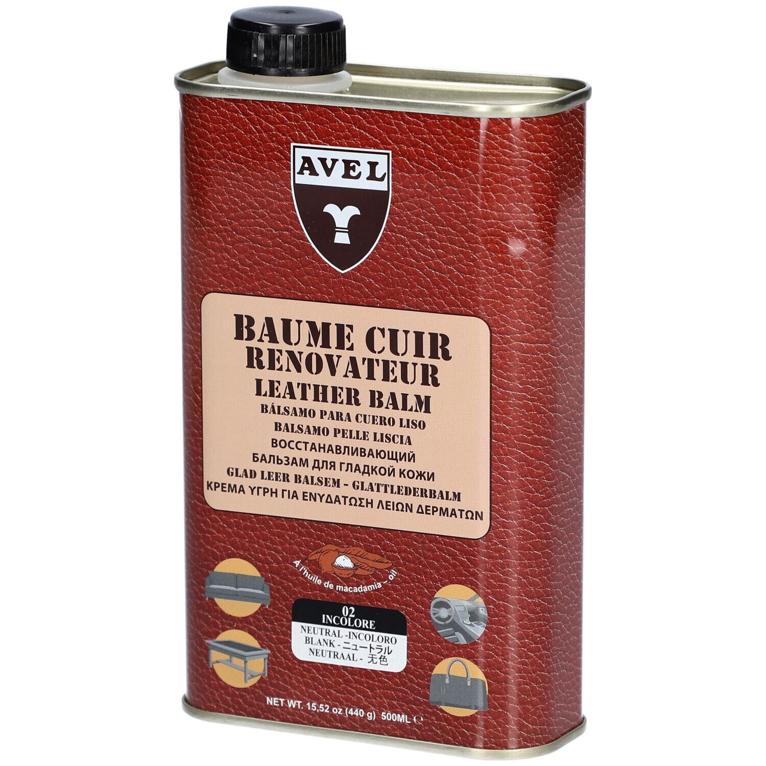 Cilindrische bus met zwarte dop. Opschrift AVEL, Baume Cuir Renovateur, Leather Balm. Meertalige productinformatie.