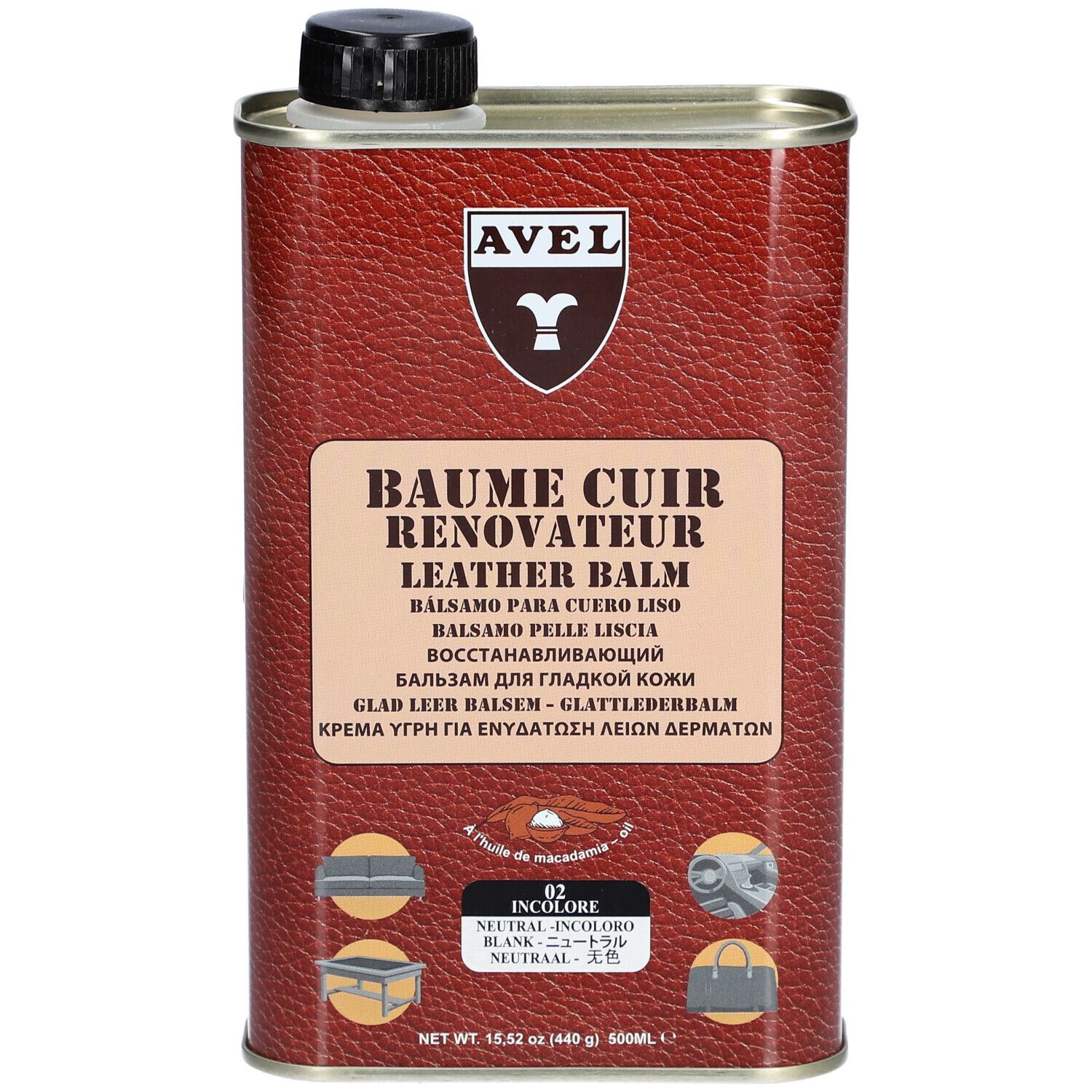 Cilindrische bus met zwarte dop. Opschrift AVEL, Baume Cuir Renovateur, Leather Balm. Meertalige productinformatie.