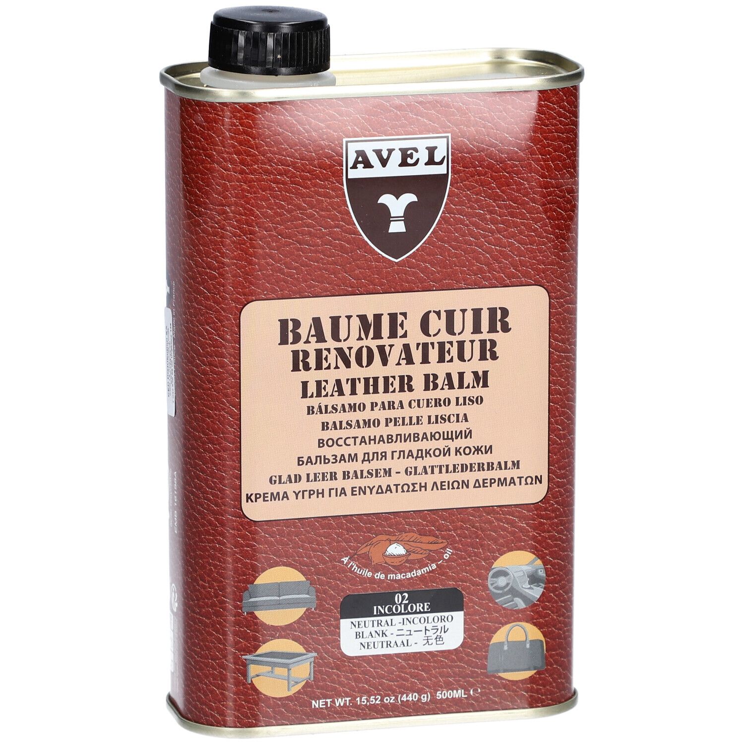 Cilindrische bus met zwarte dop. Opschrift AVEL, Baume Cuir Renovateur, Leather Balm. Meertalige productinformatie.