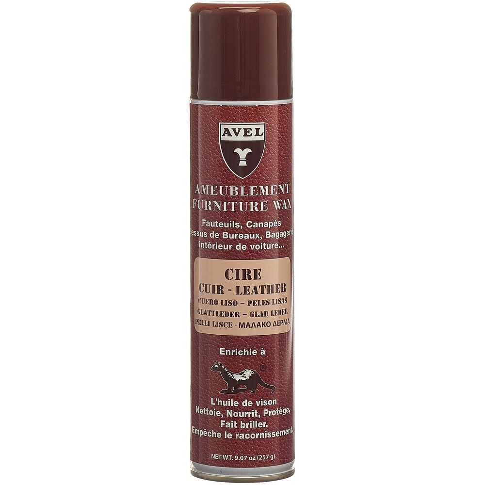 Bombe aérosol marron avec informations produit. Inscription: AVEL, Cire Cuir-Leather. Contient de l'huile de vison. Pour meubles et cuir.