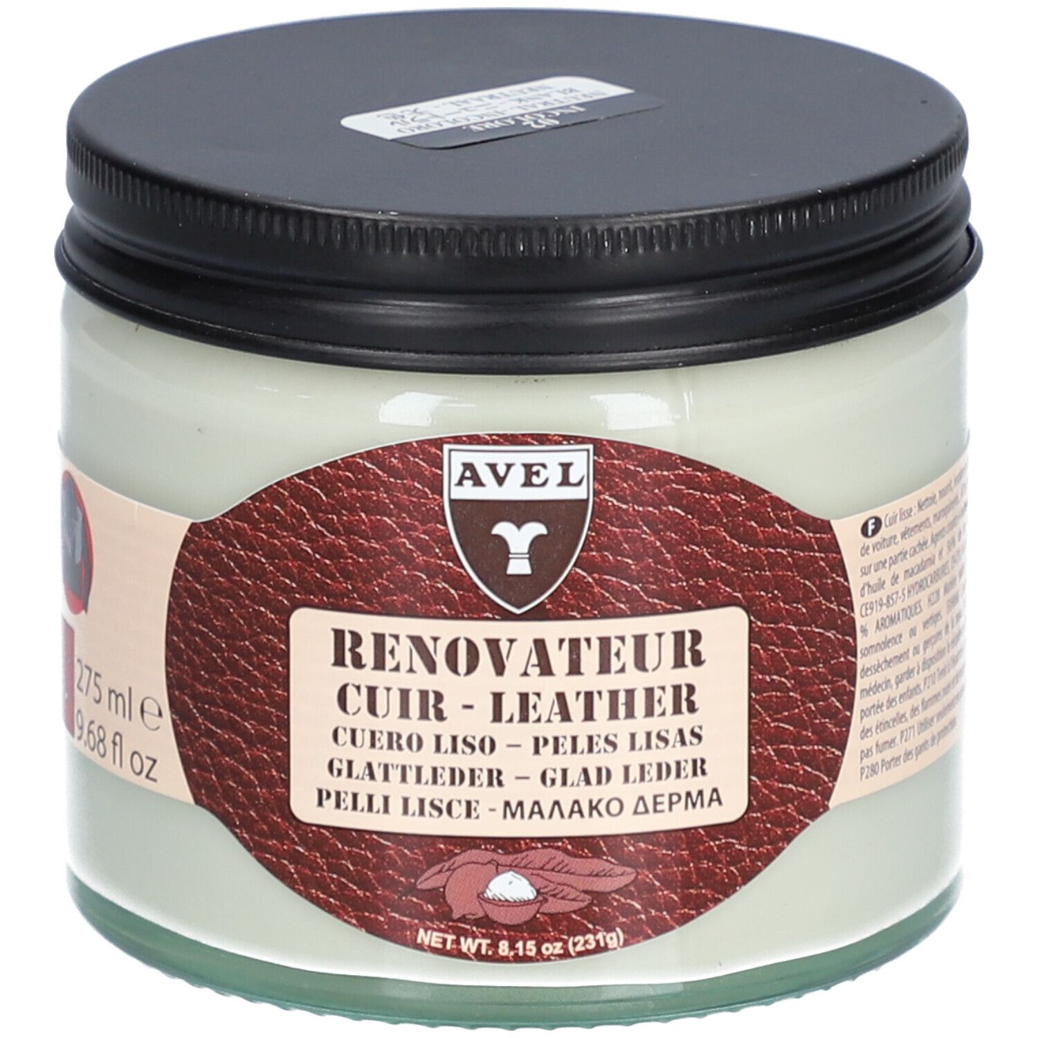 Glazen pot met zwarte deksel. Etiket met "AVEL" en "RENOVATEUR CUIR - LEATHER". Inhoud: 275 ml.
