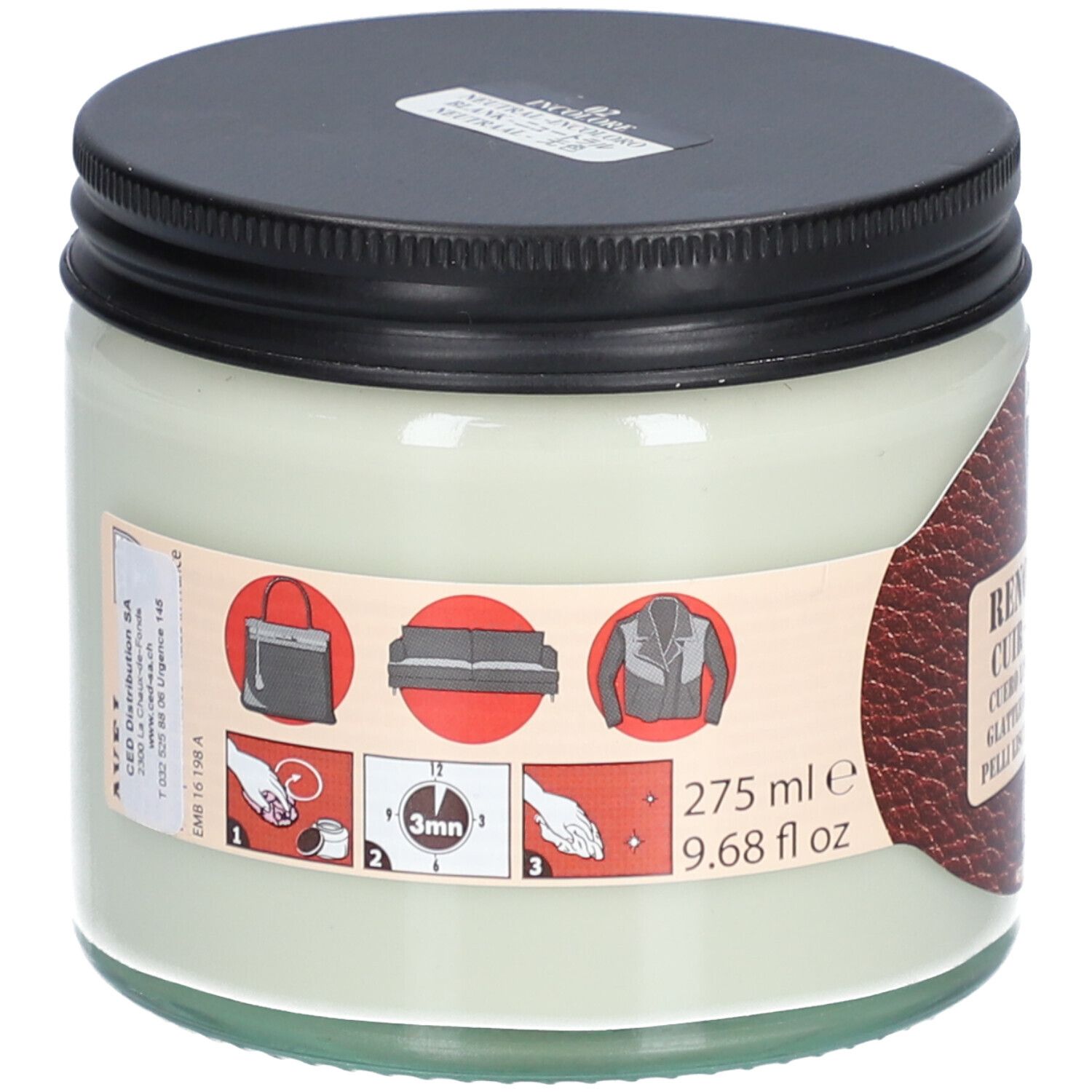 Glazen pot met zwarte deksel. Etiket met gebruikspictogrammen. Inhoud: 275 ml.