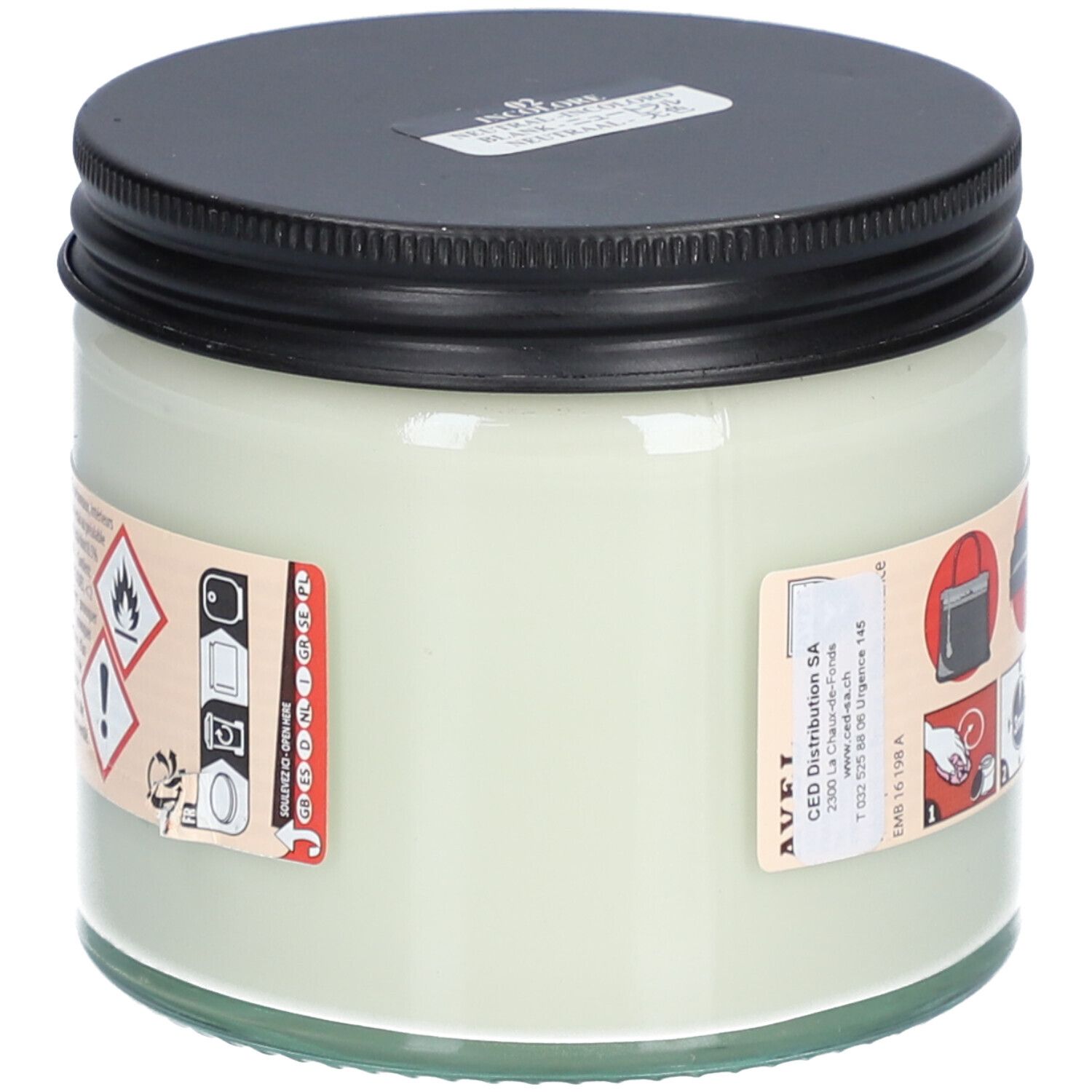 Glazen pot met zwarte deksel. Sticker met waarschuwingen en pictogrammen. Fabrikantinformatie.