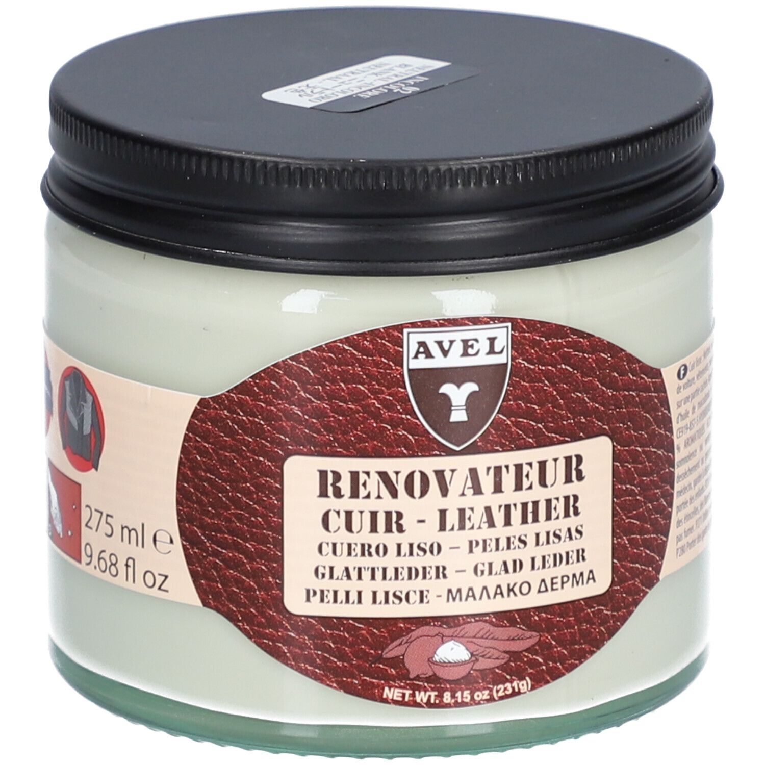 Glazen pot met zwarte deksel. Etiket met "AVEL" en "RENOVATEUR CUIR - LEATHER". Inhoud: 275 ml.