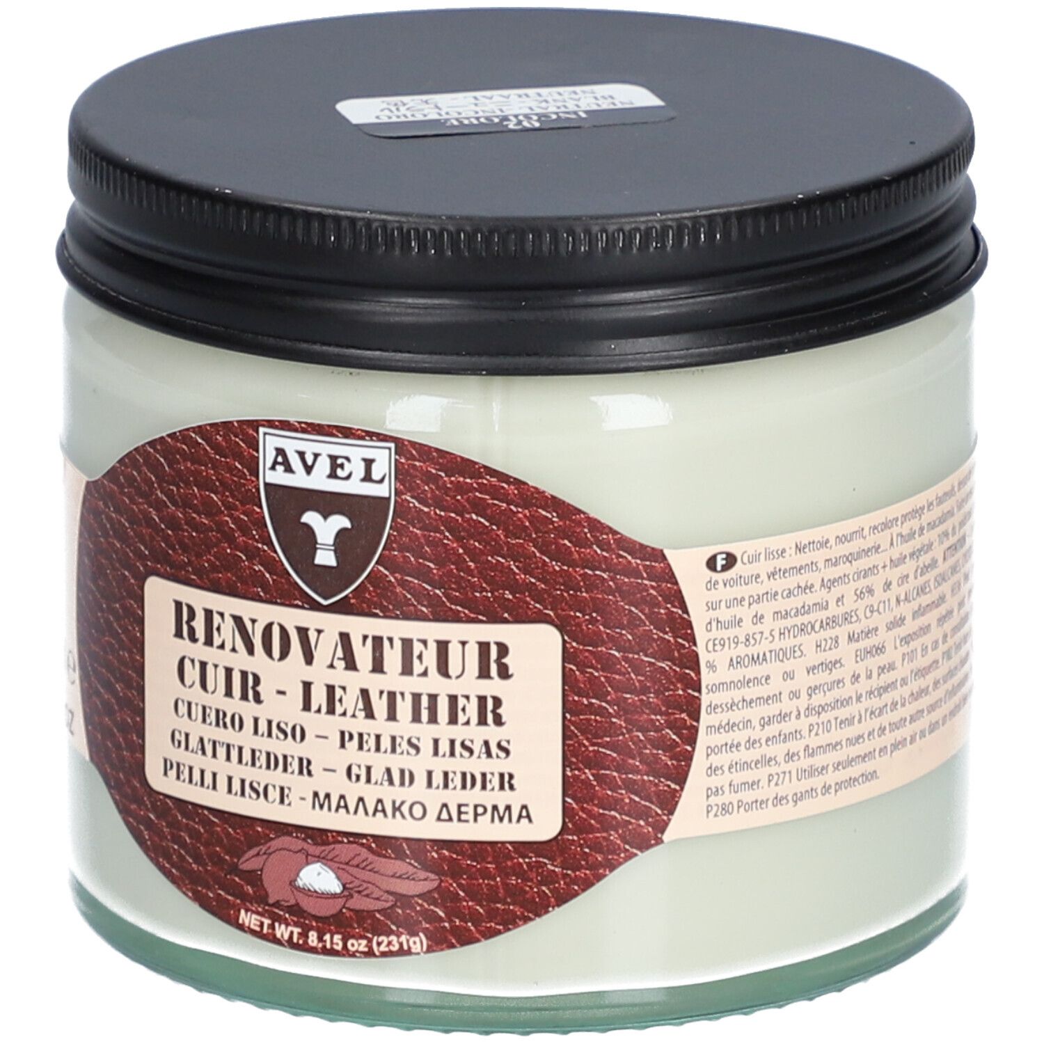 Glazen pot met zwarte deksel. Etiket met "AVEL" en "RENOVATEUR CUIR - LEATHER". Inhoud: 231g.