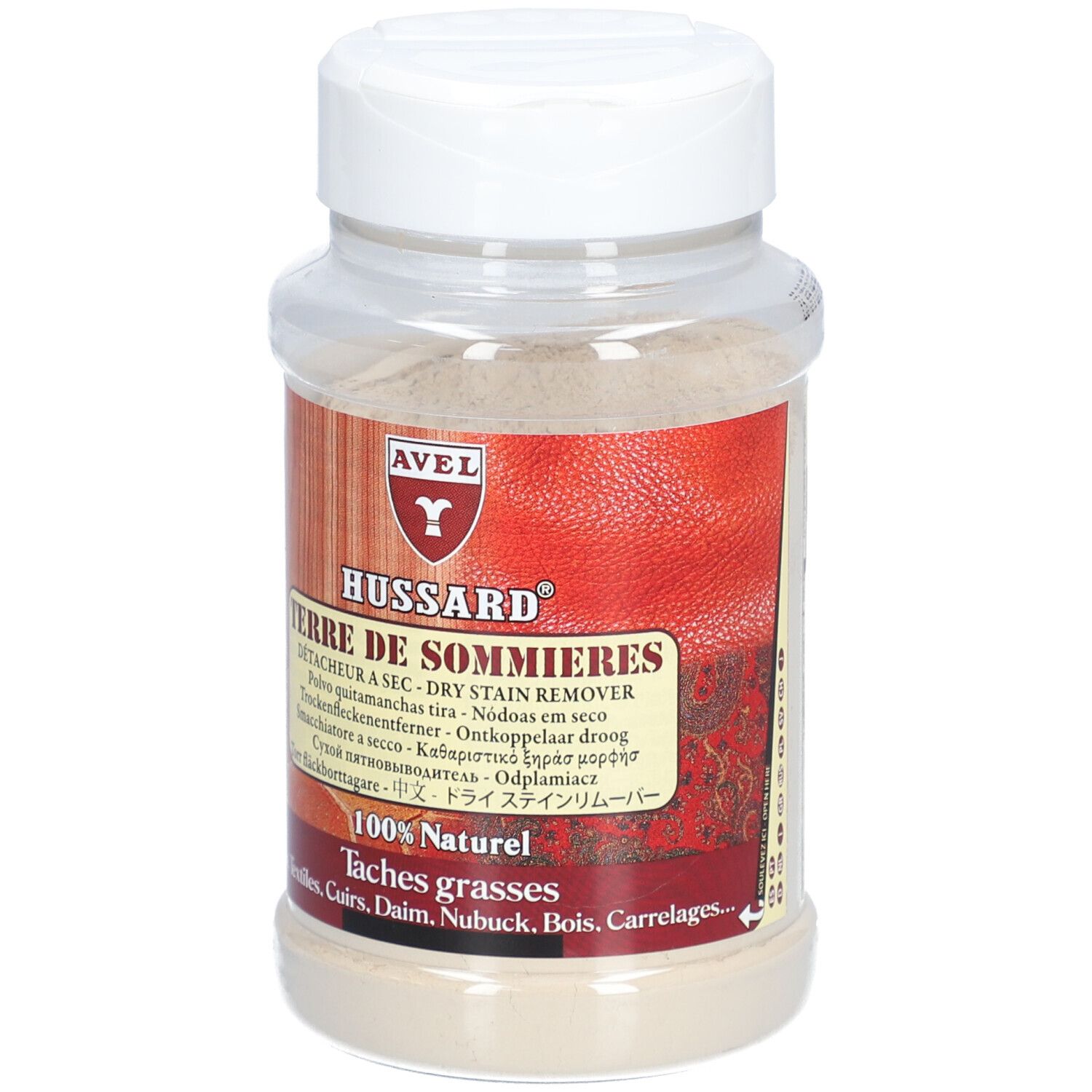 Transparante pot met witte deksel. Etiket met productnaam en logo. Poederachtige inhoud zichtbaar.
