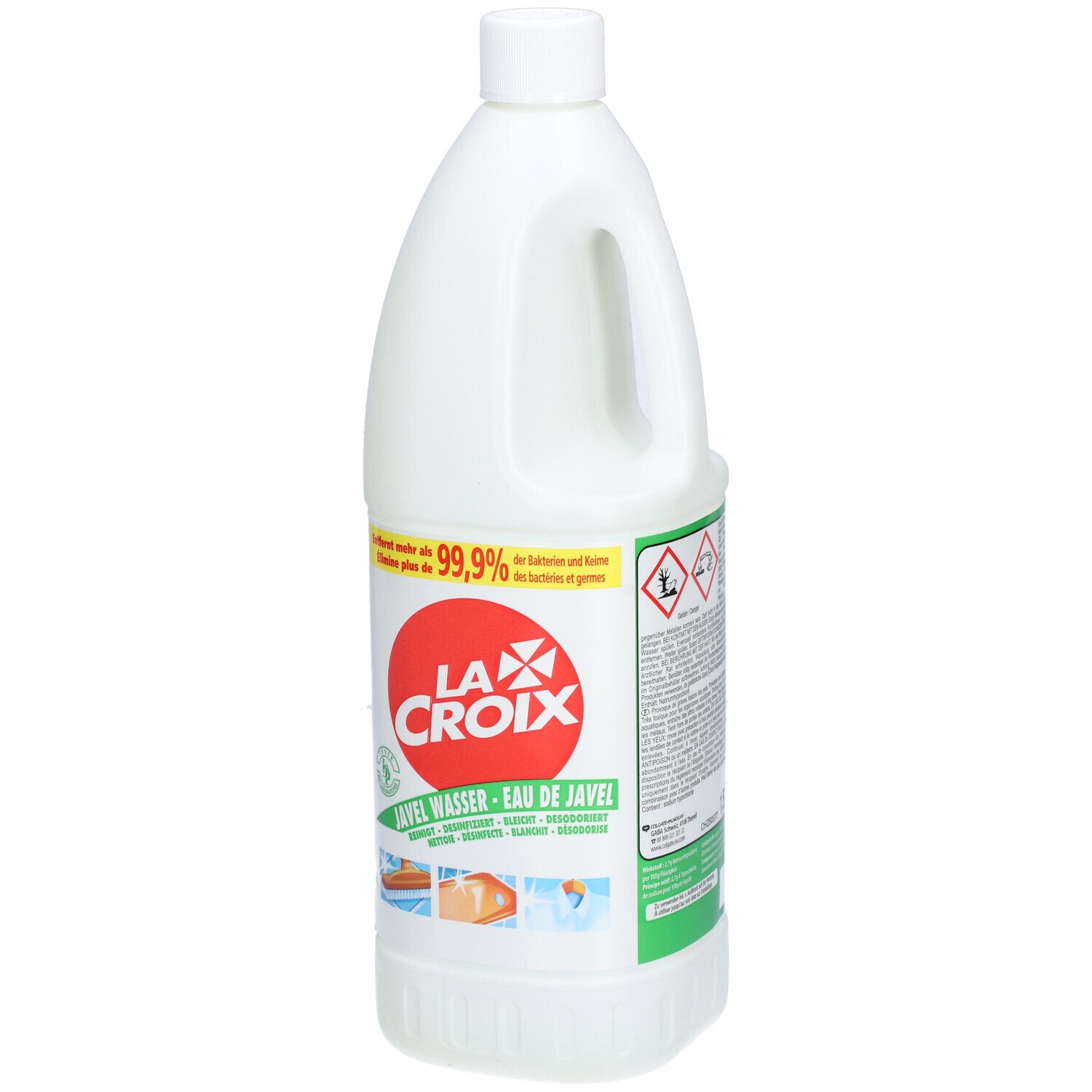 Weiße Flasche mit Griff, rotem LA CROIX-Logo, grünen Etiketten und Text. Enthält Javel Wasser.