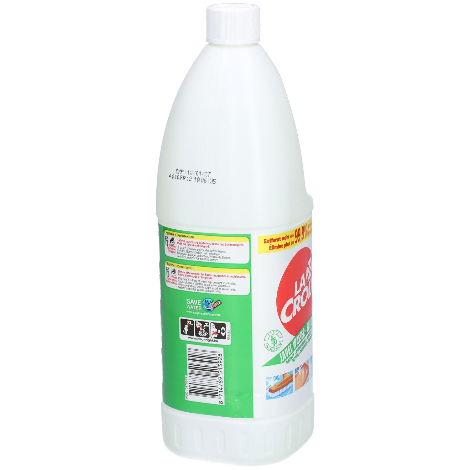 Weiße Flasche mit Griff, grünen Etiketten und Text. Enthält Javel Wasser. Barcode und Haltbarkeitsdatum.