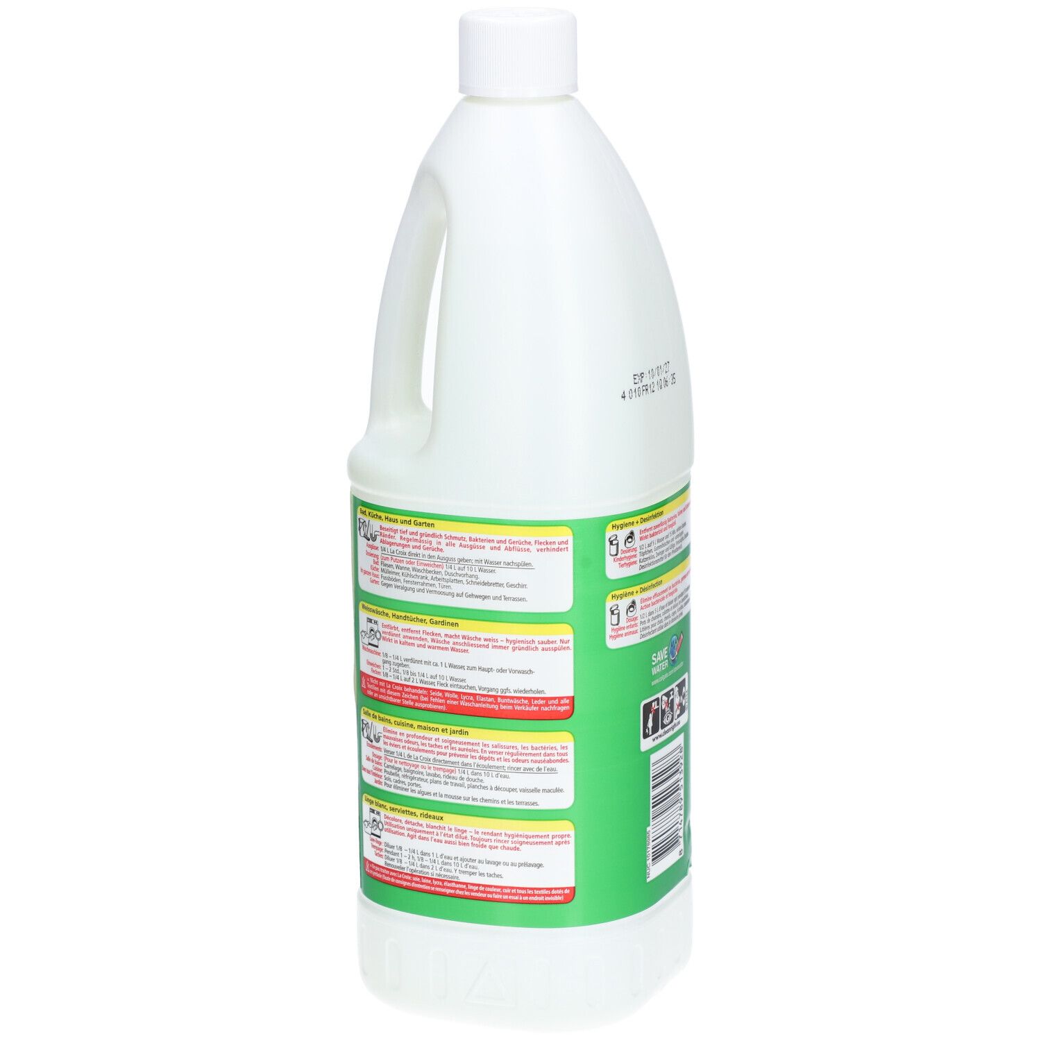 Weiße Flasche mit Griff, grünen Etiketten und Text. Enthält Javel Wasser. Mehrere Textfelder mit Warnhinweisen.