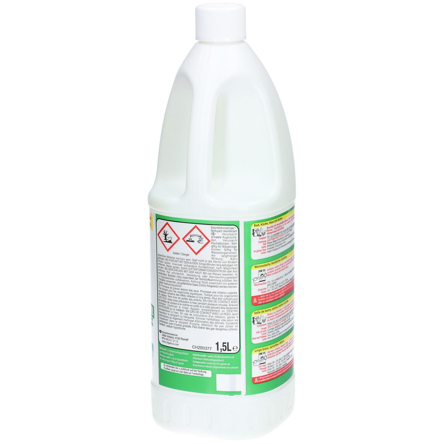 Weiße Flasche mit Griff, grünen Etiketten und Text. Enthält Javel Wasser. 1,5L Volumenangabe und Warnhinweise.