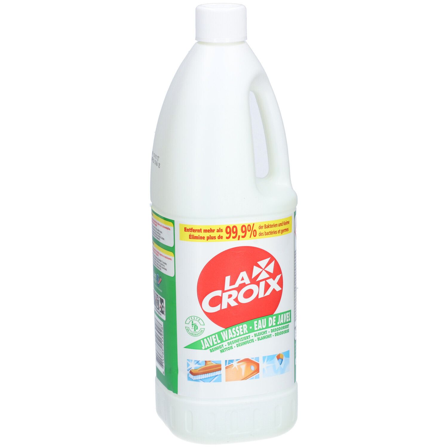 Weiße Flasche mit Griff, rotem LA CROIX-Logo, grünen Etiketten und Text. Enthält Javel Wasser.
