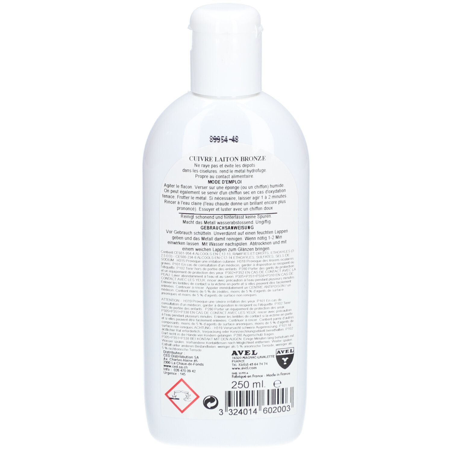 Achterkant van de witte fles. Tekst en instructies. AVEL-logo en 250 ml. Gevaarsymbool.